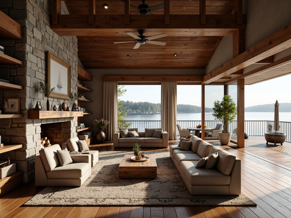 Prompt: Waterfront boathouse, rustic craftsman style, open floor plan, wooden beam ceiling, large stone fireplace, plush area rugs, comfortable sofas, nautical decor, vintage sailing artifacts, wooden accents, natural textures, earthy color palette, warm cozy lighting, shallow depth of field, 1/1 composition, soft focus, realistic render, ambient occlusion.Let me know if you need any adjustments!