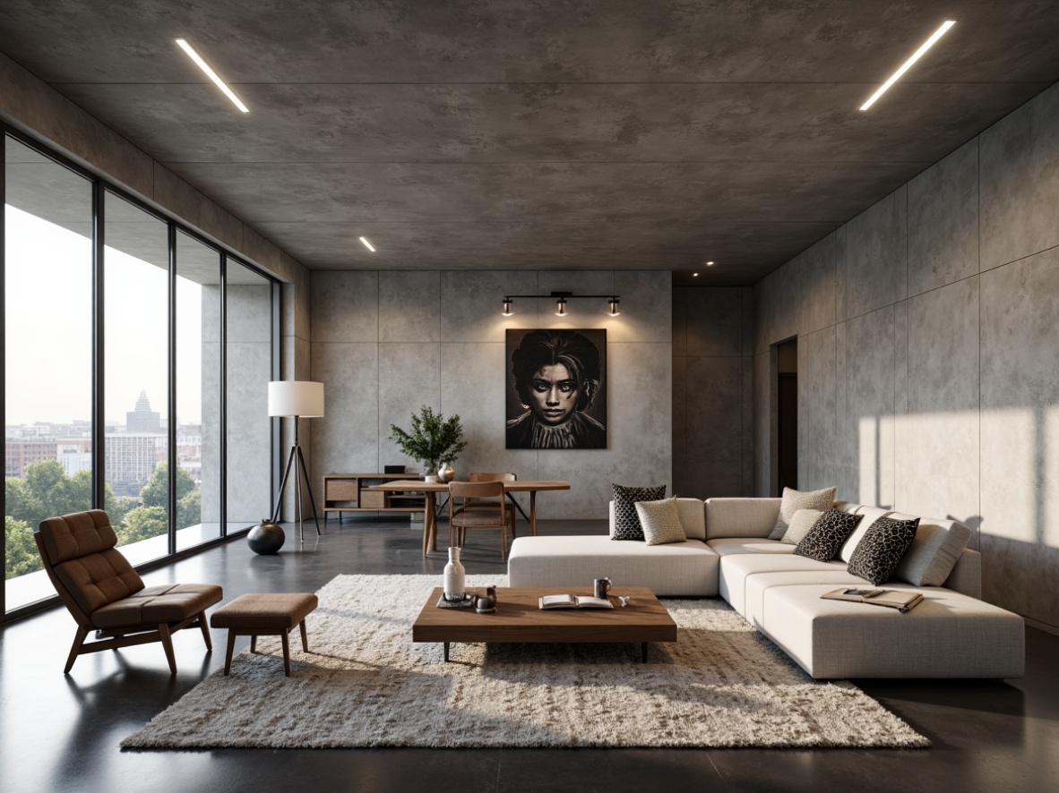 Prompt: Open-plan family room, brutalist architecture, exposed concrete walls, industrial-style lighting, minimalist decor, sleek low-profile furniture, vast open space, high ceilings, floor-to-ceiling windows, natural light pouring in, urban cityscape views, modern art pieces, monochromatic color scheme, textured rugs, geometric-patterned throw pillows, functional shelving units, cozy reading nooks, warm ambient lighting, shallow depth of field, 1/1 composition, realistic textures, ambient occlusion.