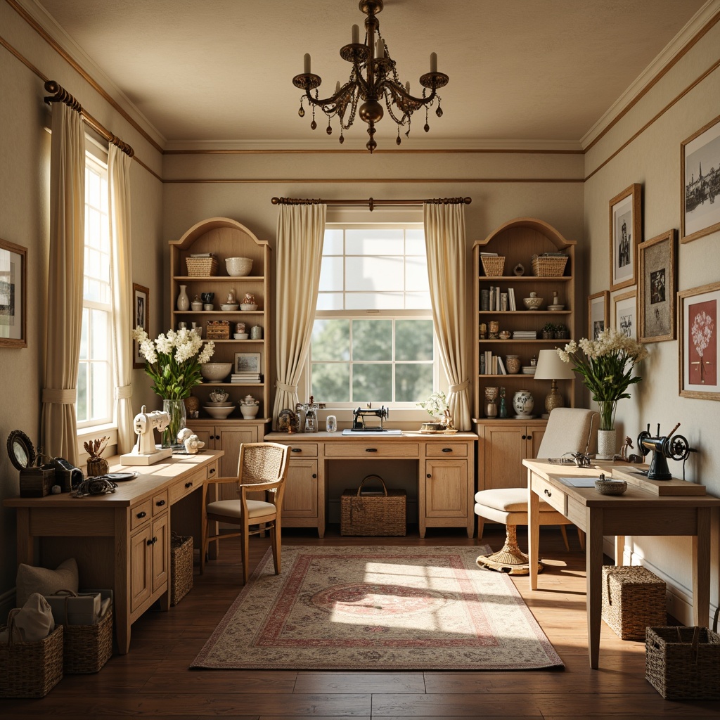 Prompt: Cozy craft room, warm beige walls, rich wood tones, soft cream accents, vintage sewing machines, woven baskets, distressed wooden furniture, elegant chandeliers, classic ornate frames, floral patterns, muted pastel colors, soft golden lighting, shallow depth of field, 1/1 composition, realistic textures, ambient occlusion.Let me know if this meets your requirements!