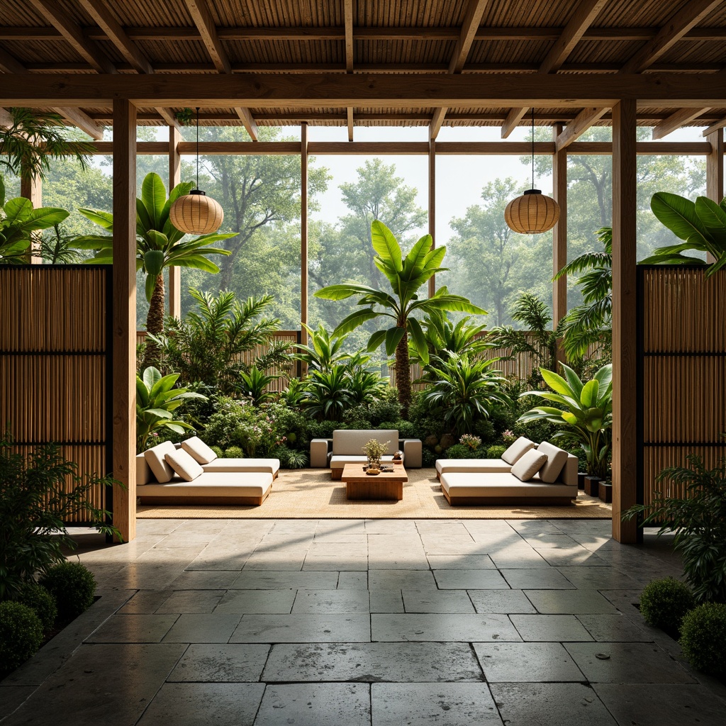 Prompt: \Serene greenhouse interior, lush greenery, natural stone flooring, wooden accents, minimalistic furniture, low-seating platforms, paper lanterns, bamboo decor, sliding shoji screens, tropical plants, warm soft lighting, shallow depth of field, 1/1 composition, panoramic view, realistic textures, ambient occlusion, Asian-inspired motifs, intricate carvings, natural fabrics, earthy color palette.\Please let me know if this meets your requirements or if you need any adjustments!