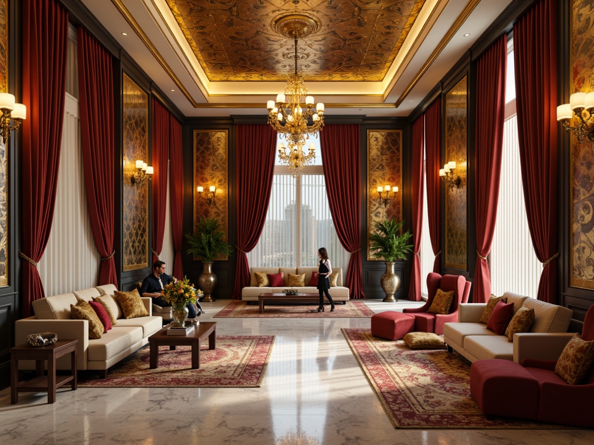 Prompt: Luxurious great room, rich velvet drapes, ornate gold leaf patterns, sleek marble floors, grand chandelier, opulent furnishings, Art Deco inspired geometric shapes, metallic accents, lavish textiles, bold color schemes, statement walls, lavish upholstery, plush area rugs, sophisticated ambiance, warm golden lighting, shallow depth of field, 1/1 composition, realistic reflections, ambient occlusion.