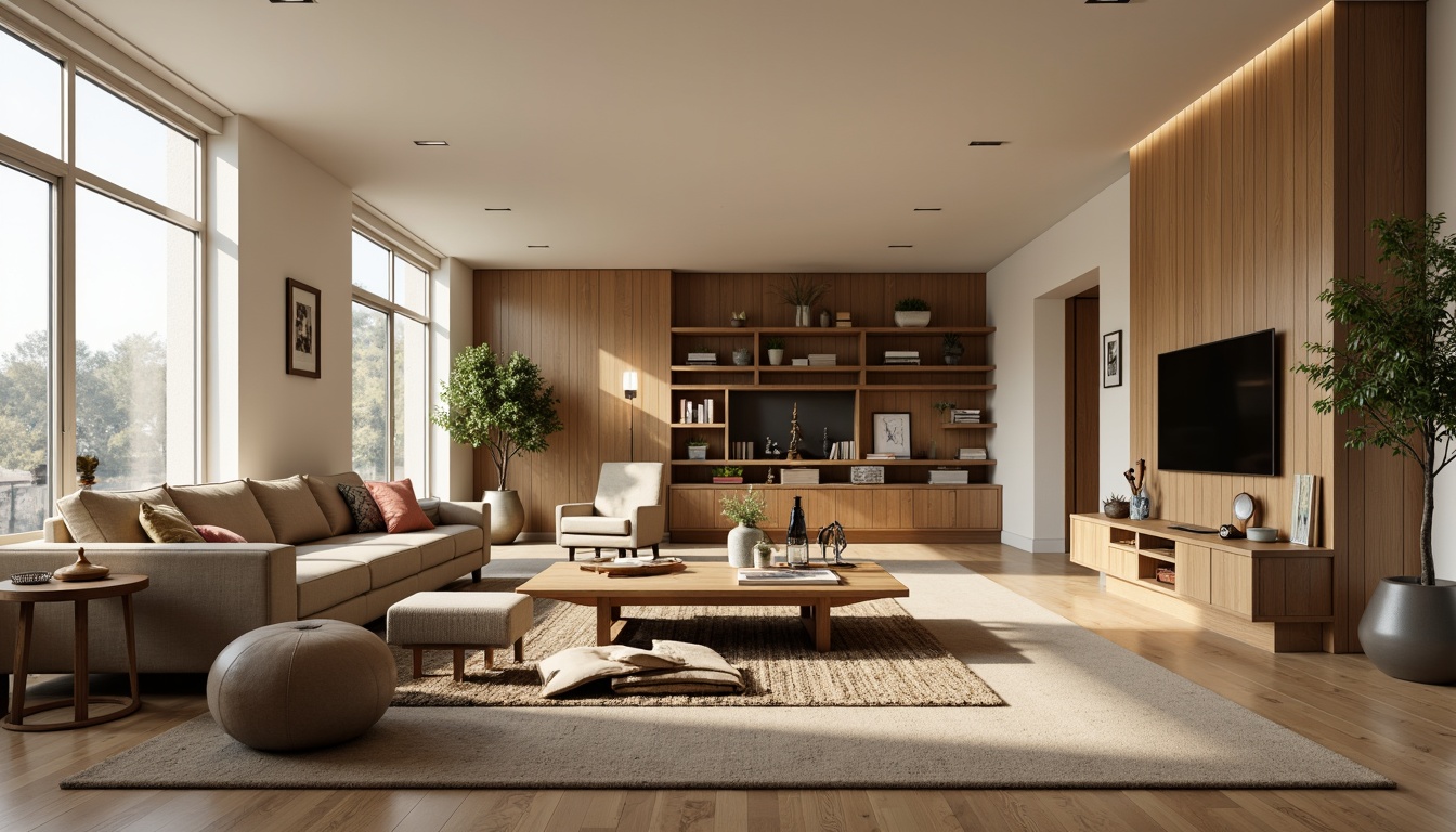 Prompt: Cozy living room, plush sofas, ergonomic chairs, wooden coffee tables, minimalist shelves, soft rugs, ambient lighting, cream-colored walls, large windows, natural textures, velvet upholstery, metallic accents, comfortable pillows, functional storage units, sleek TV stands, floor lamps, calm atmosphere, 1/1 composition, warm color palette, shallow depth of field, realistic renderings.