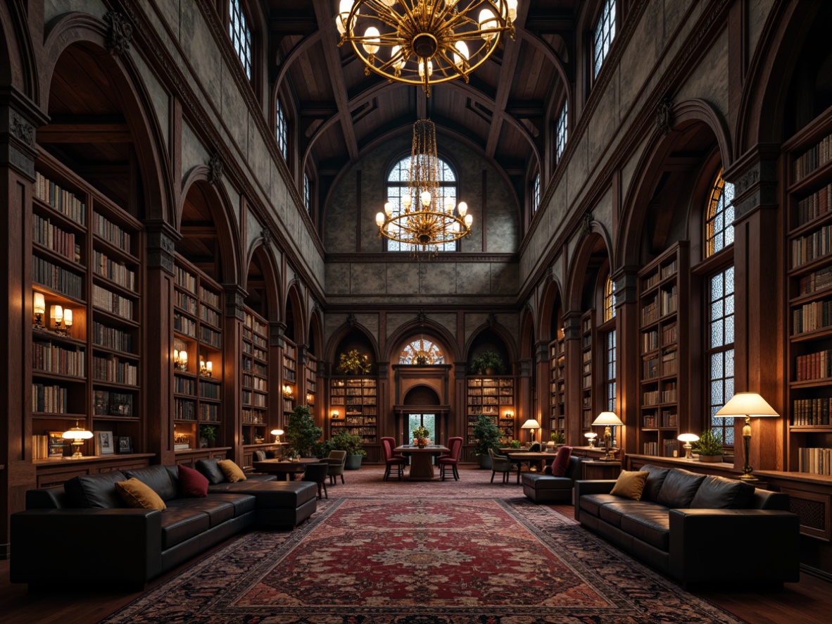 Prompt: Dark, mysterious library, grand chandeliers, ornate wooden bookshelves, carved stone arches, stained glass windows, velvet drapes, luxurious leather armchairs, intricately patterned rugs, ancient tomes, golden lanterns, eerie candlelight, dramatic shadows, high ceiling, ribbed vaults, Gothic architectural details, mysterious atmosphere, warm rich colors, heavy wooden tables, comfortable reading nooks, mystical ambiance.