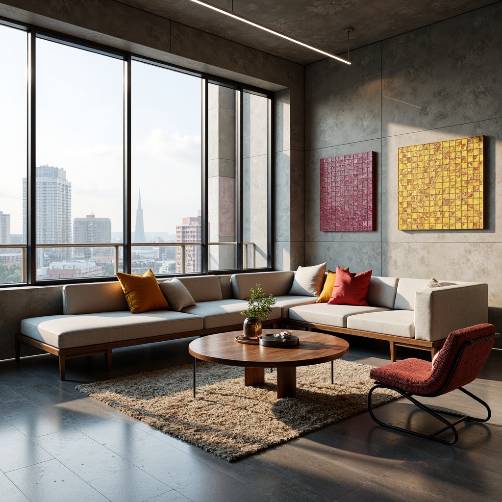 Prompt: Modern living room, sleek low-profile sofa, curved wooden coffee table, minimalist metal chairs, plush area rug, floor-to-ceiling windows, natural light pouring in, urban cityscape views, concrete walls, industrial chic decor, geometric patterned wallpaper, vibrant colorful accents, 3D printed decorative objects, soft ambient lighting, shallow depth of field, 1/1 composition, realistic textures, ambient occlusion.