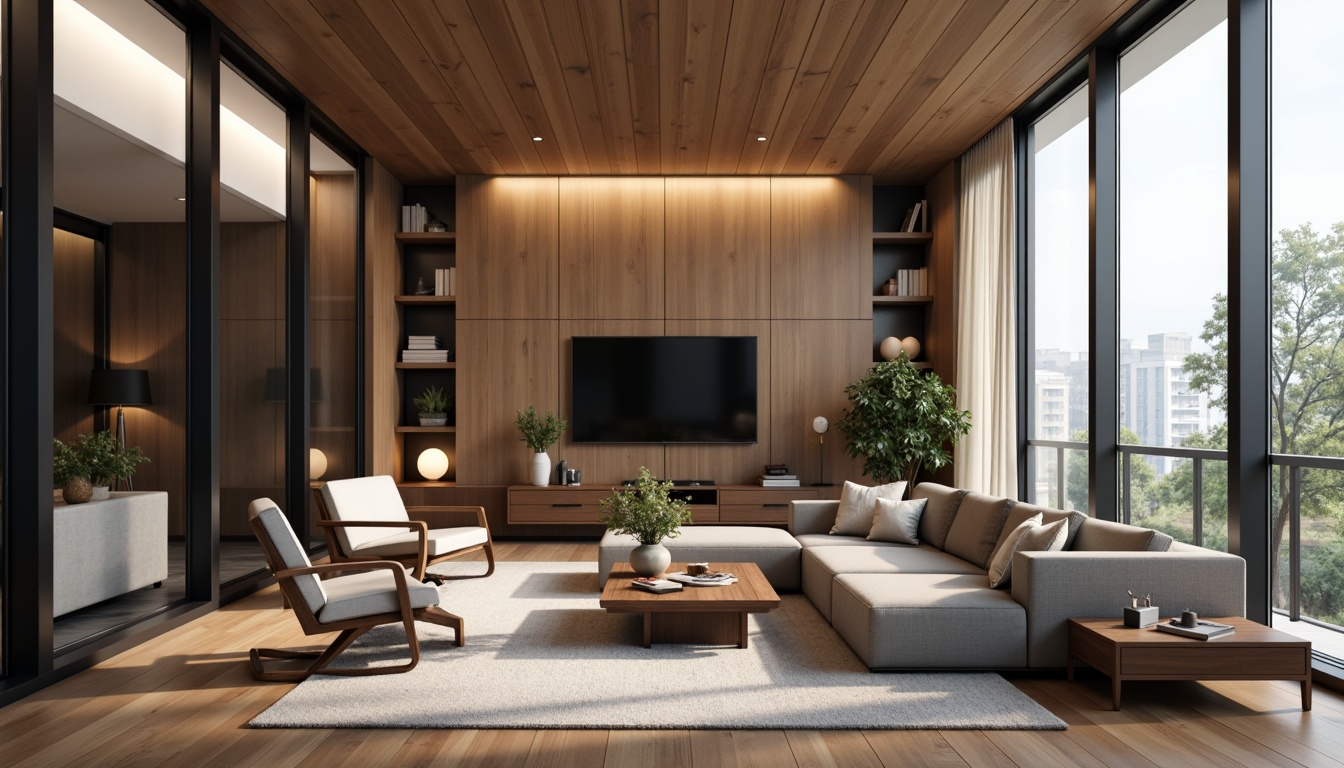 Prompt: Modern minimalist living room, sleek low-profile sofa, ergonomic accent chairs, compact coffee table, wall-mounted TV console, floor-to-ceiling windows, natural wood flooring, subtle texture rug, ambient soft lighting, 1/1 composition, shallow depth of field, realistic textures, cozy intimate atmosphere.