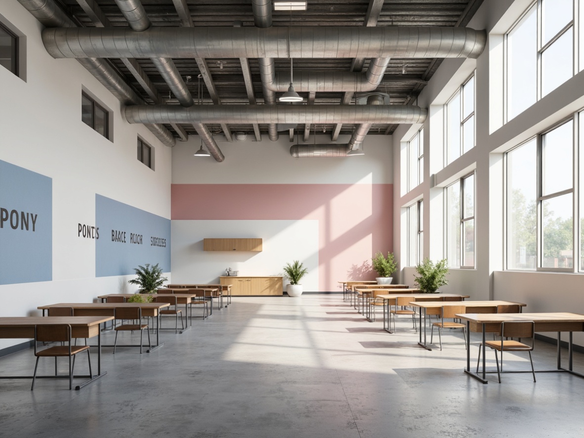 Prompt: Monochromatic high school interior, clean lines, minimal ornamentation, polished concrete floors, industrial-style lighting fixtures, simple wooden desks, metal chairs, bold typography signage, accent walls with subtle texture contrast, soft pastel colors, natural light pouring in, 1/1 composition, shallow depth of field, realistic material rendering, ambient occlusion.