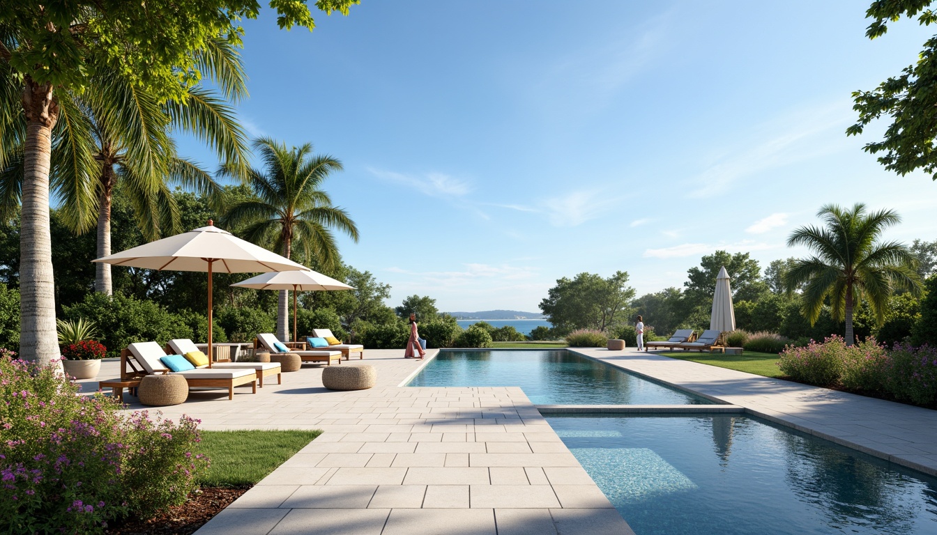 Prompt: Sleek modern pool deck, natural stone pavers, lush greenery, tropical palm trees, vibrant flowers, comfortable outdoor furniture, soft cushions, colorful throw pillows, refreshing misting system, warm sunny day, clear blue sky, endless horizon, tranquil ambiance, 3/4 composition, shallow depth of field, realistic textures, ambient occlusion.