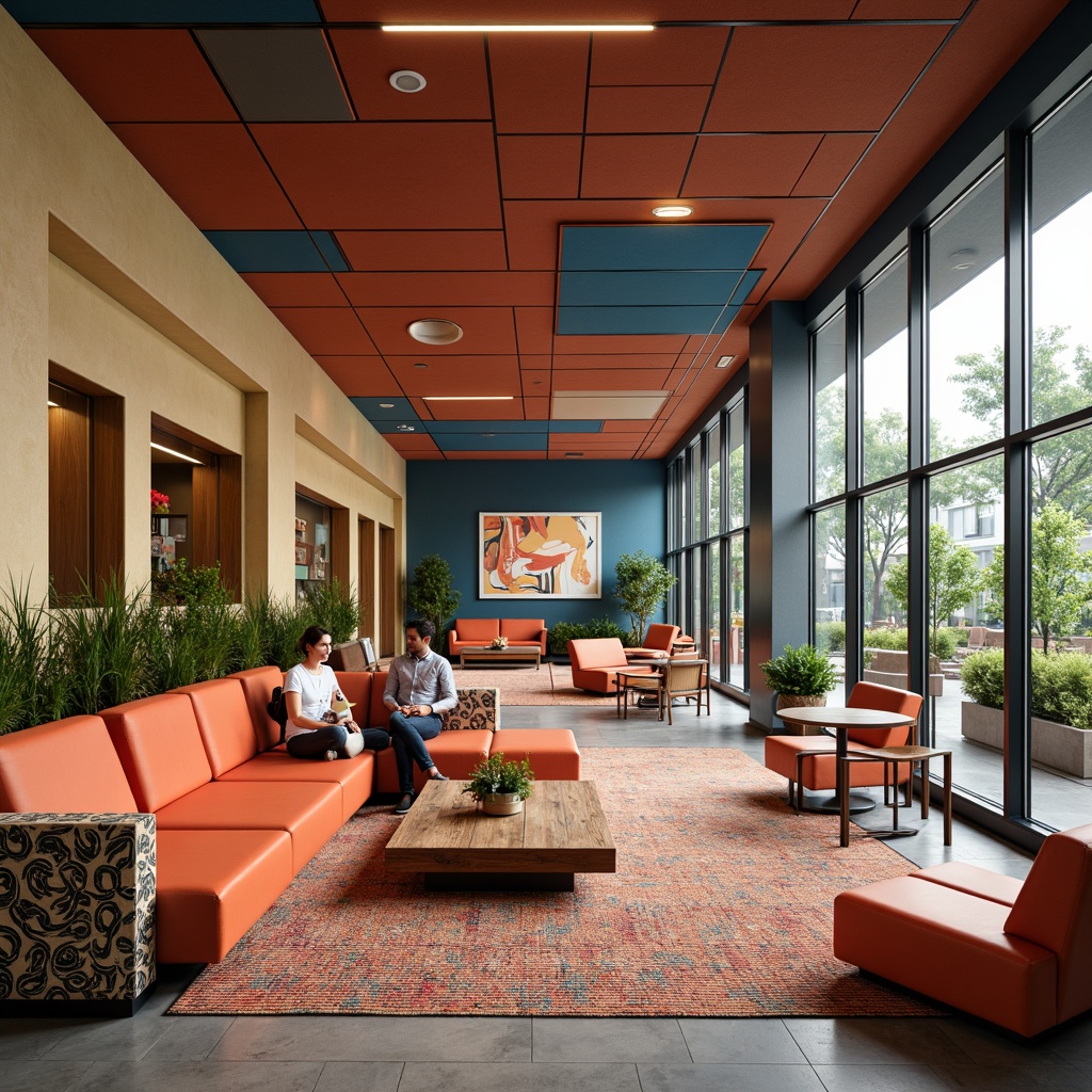 Prompt: Vibrant student lounge, bold color blocking, eclectic furniture arrangements, plush area rugs, industrial metal lighting fixtures, reclaimed wood accents, minimalist coffee tables, geometric patterned sofas, modern abstract artwork, natural fiber textiles, warm beige walls, cozy reading nooks, floor-to-ceiling windows, abundant greenery, soft warm lighting, shallow depth of field, 3/4 composition, panoramic view, realistic textures, ambient occlusion.