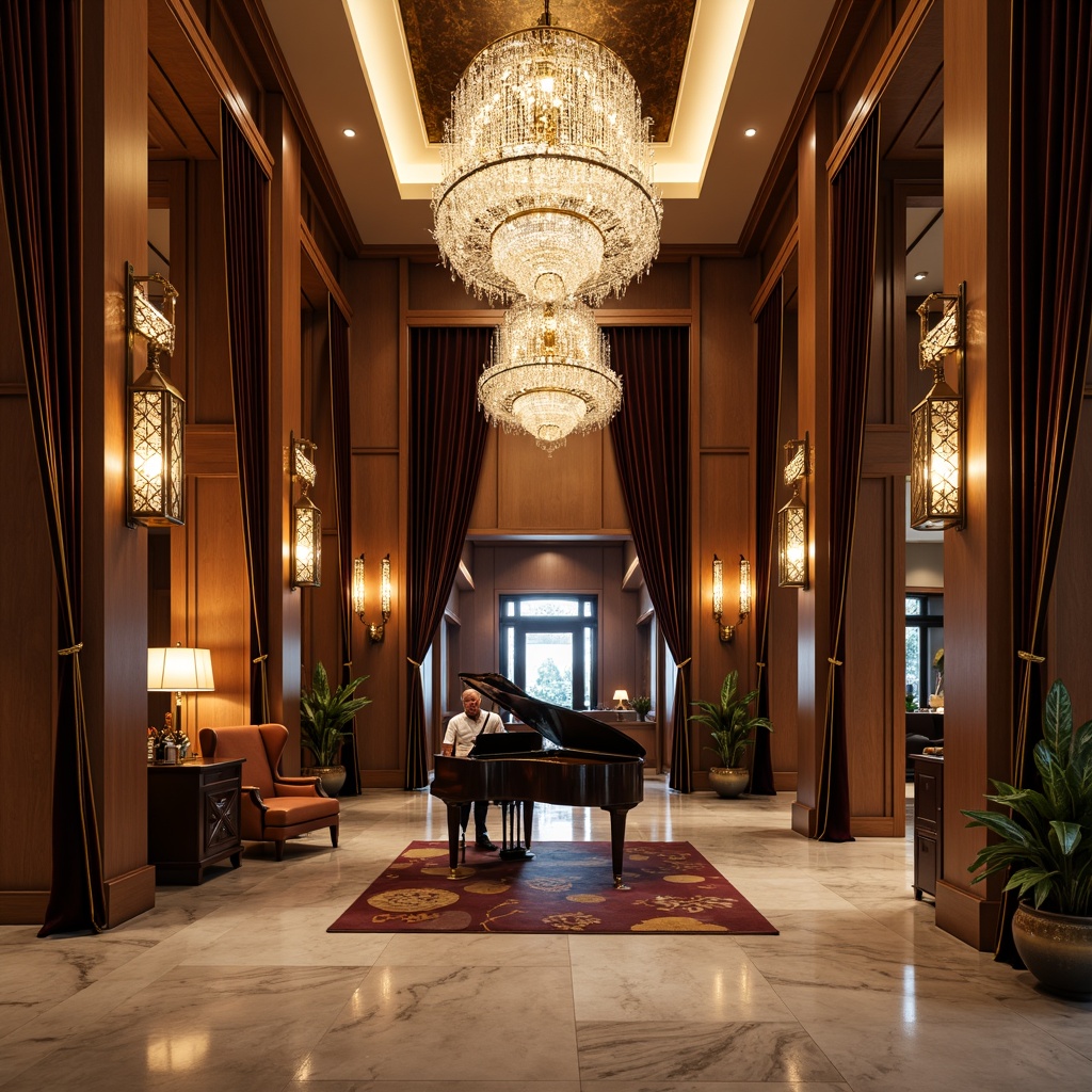 Prompt: Luxurious great room, art deco style, crystal chandeliers, geometric metal sconces, ornate floor lamps, velvet drapes, marble flooring, grand piano, rich wood paneling, gilded accents, lavish furnishings, warm ambient lighting, soft golden glow, subtle shadows, 1/1 composition, realistic textures, detailed reflections.