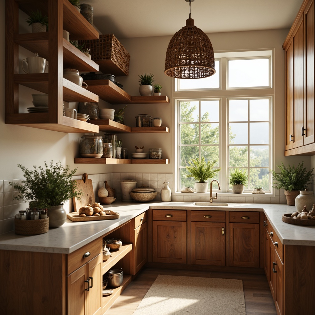 Prompt: Cozy pantry, warm earthy tones, soft creamy whites, rich wood accents, rustic metal hardware, natural stone countertops, ambient warm lighting, shallow depth of field, 1/1 composition, realistic textures, soft focus effect, inviting atmosphere, comfortable storage spaces, modern farmhouse style, vintage decorative accessories, woven baskets, ceramic jars, greenery accents, fresh herbs display.