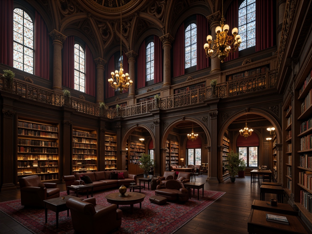 Prompt: Grandiose library interior, high ceilings, ornate chandeliers, dark wood paneling, intricate stone carvings, stained glass windows, rich velvet drapes, elegant bookcases with ornate metalwork, leather-bound tomes, golden accents, mysterious ambient lighting, dramatic shadows, 1/2 composition, warm color palette, realistic textures, subtle glow effects.