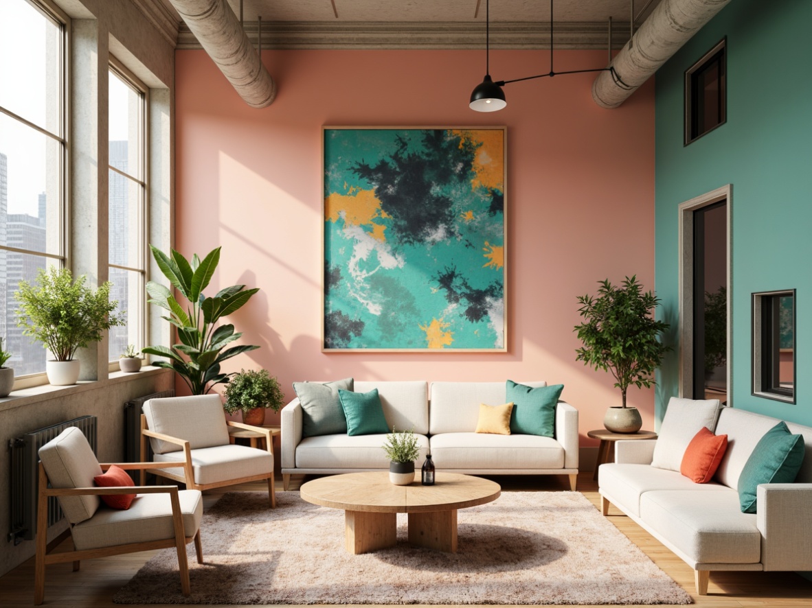 Prompt: Vibrant modern interior, pastel hues, soft peach walls, rich turquoise accents, creamy white furniture, natural wood textures, industrial chic decor, urban loft atmosphere, abundant natural light, shallow depth of field, 1/1 composition, warm and inviting ambiance, realistic materials, ambient occlusion.