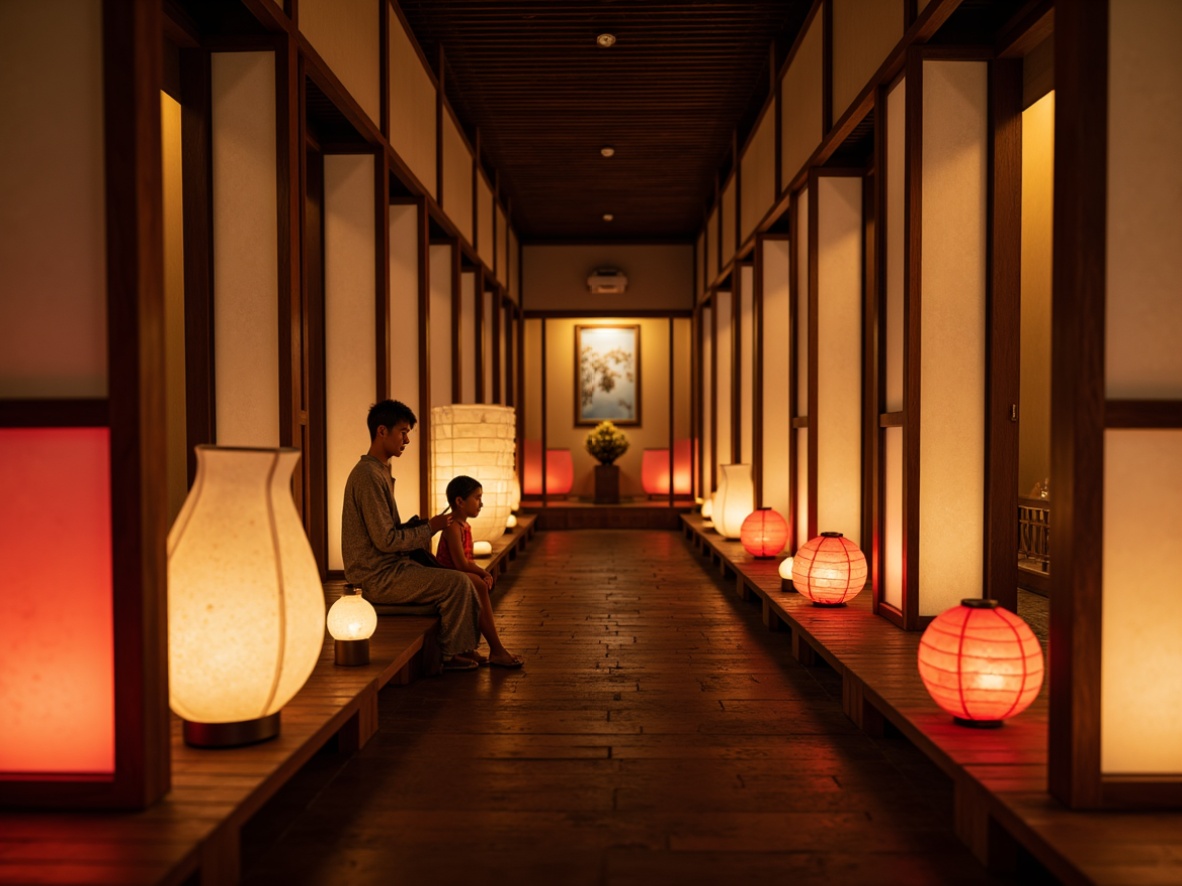 Prompt: Soft warm lanterns, delicate paper lamps, natural silk shades, subtle rice paper textures, minimalist wooden accents, traditional Japanese sliding doors, serene Shoji screens, tranquil Buddha statues, exotic Asian-inspired patterns, vibrant red lanterns, soft golden lighting, warm candlelight, gentle misty atmosphere, shallow depth of field, 1/2 composition, realistic ambient occlusion.