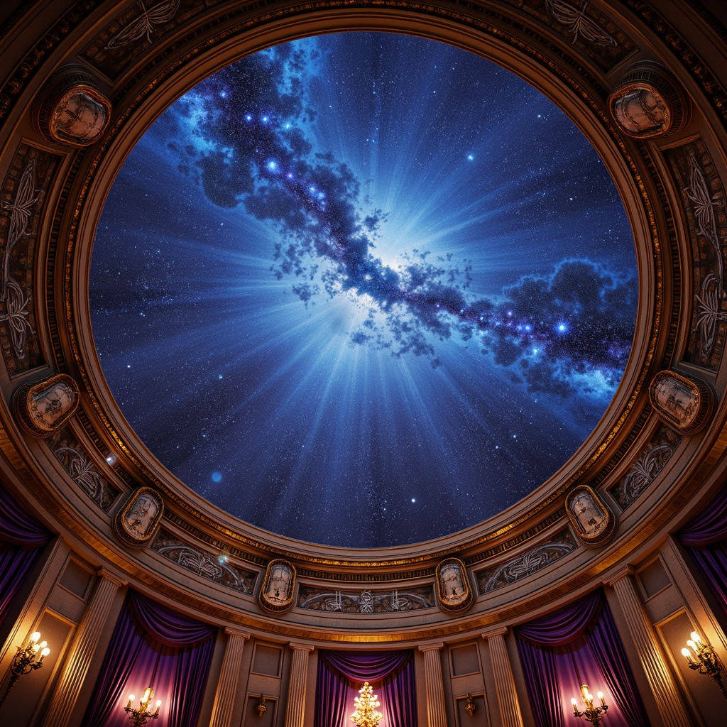 Prompt: \Ornate planetarium ceiling, starry night sky, intricate Victorian-era inspired moldings, gilded accents, celestial body projections, dome-shaped ceiling, ambient soft lighting, rich wood paneling, ornamental frescoes, grand chandeliers, majestic archways, opulent drapery, regal purple tones, luxurious fabrics, subtle gradient effects, 3-point perspective composition, high-contrast lighting, realistic reflections.\