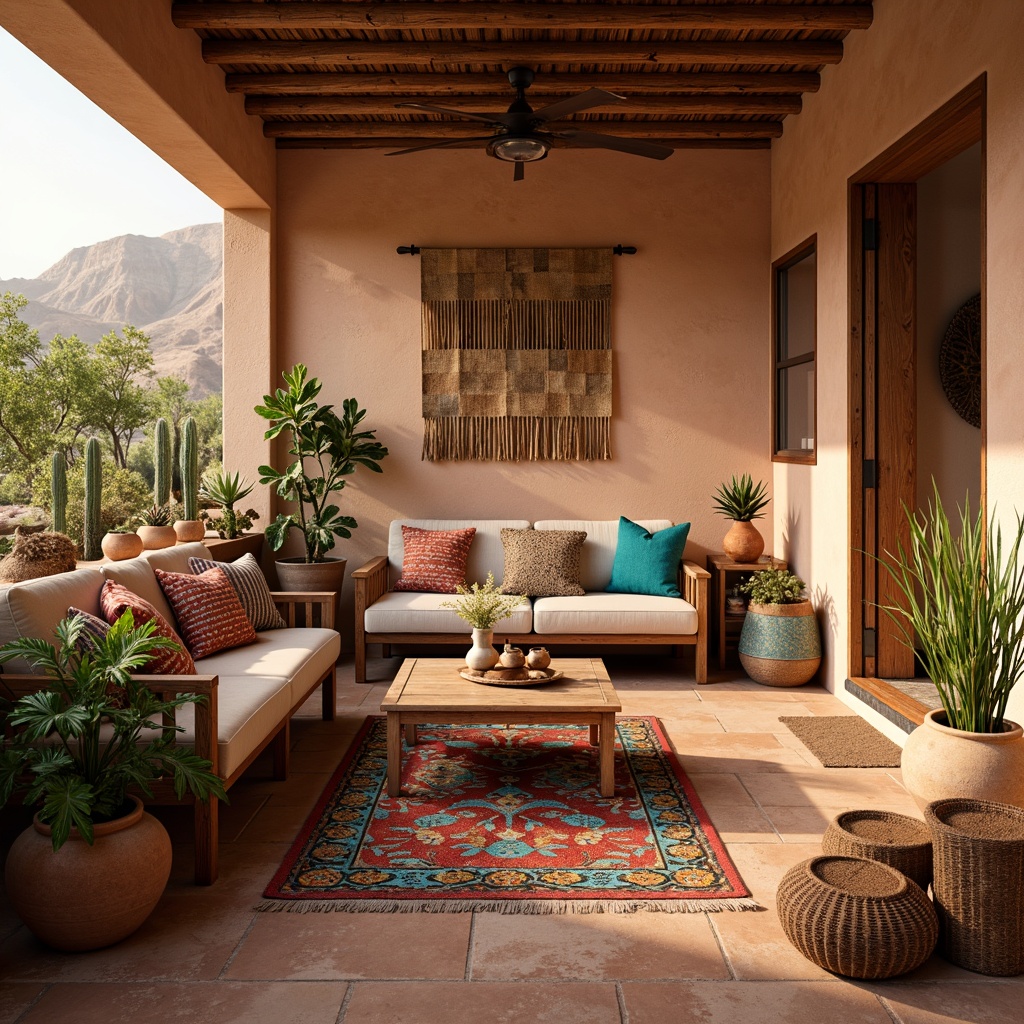 Prompt: Vibrant southwestern decor, earthy tones, turquoise accents, woven textiles, patterned rugs, rustic wooden furniture, clay pottery vases, colorful ceramic tiles, natural fiber wall hangings, geometric patterns, warm golden lighting, shallow depth of field, 1/1 composition, intimate atmosphere, cozy nooks, plush throw pillows, desert botanicals, cacti arrangements, adobe-style architecture, stucco walls, rustic metalwork, ambient occlusion.