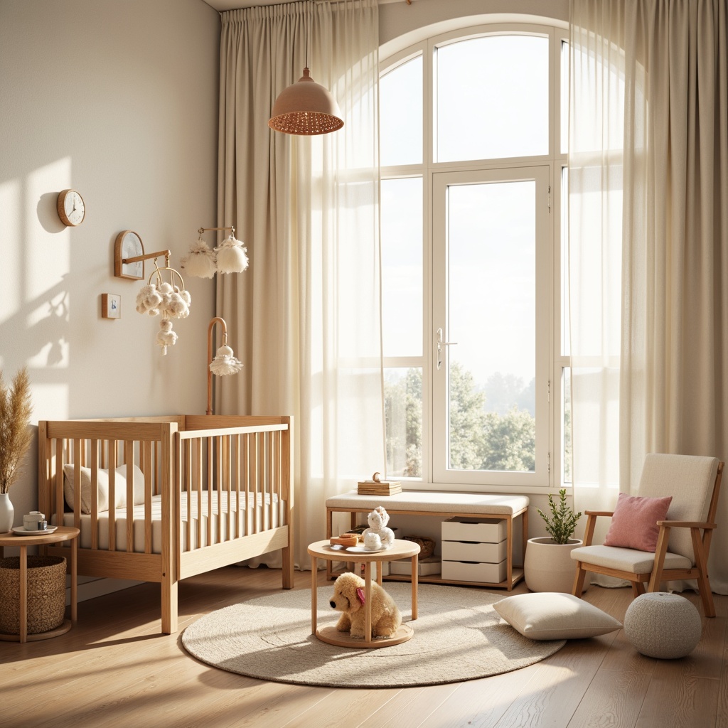 Prompt: Soft pastel colors, warm white lighting, cozy nursery atmosphere, plush toys, crib with canopy, mobiles with soft fabrics, gentle glow of table lamps, floor-to-ceiling curtains, sheer drapes, natural wood furniture, minimalist decor, subtle texture patterns, cream-colored walls, soft area rugs, warm beige flooring, oversized windows, abundant natural light, warm sunny day, shallow depth of field, 1/1 composition, realistic textures, ambient occlusion.