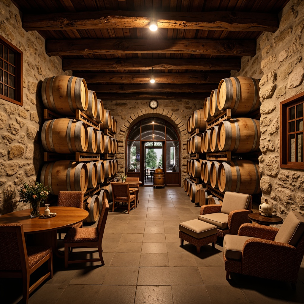 Prompt: Rustic winery, wooden barrels, vintage wine-making equipment, stone walls, earthy tones, reclaimed wood furniture, metal accents, natural textiles, plush armchairs, wooden tables, wine cellar atmosphere, dim warm lighting, shallow depth of field, 1/2 composition, rustic decorative items, earthy color palette, natural stone flooring, wooden ceiling beams, cozy intimate setting.