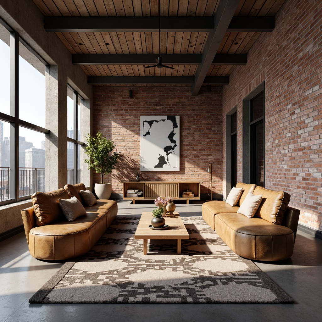 Prompt: Exposed brick walls, raw concrete floors, industrial metal beams, reclaimed wood accents, minimalist decor, brutalist furniture design, chunky sofas, distressed leather upholstery, wooden coffee tables, geometric patterned rugs, abstract artwork, floor-to-ceiling windows, natural light pouring in, urban cityscape views, soft warm lighting, 1/1 composition, realistic textures, ambient occlusion.