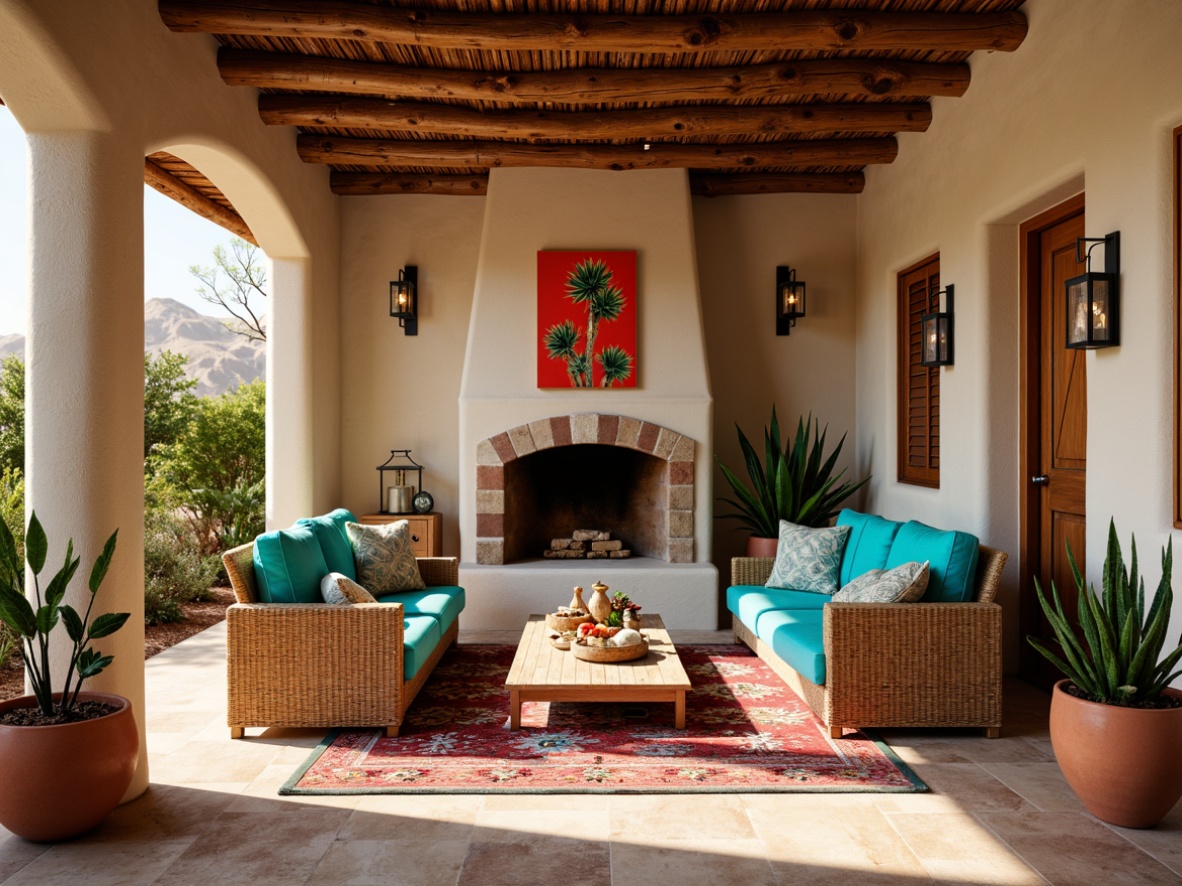 Prompt: Vibrant turquoise accents, earthy terracotta pots, woven wicker furniture, distressed wooden beams, colorful tribal patterns, geometric kilim rugs, warm beige stucco walls, natural stone fireplaces, ornate metal lanterns, lush green succulents, rustic wooden shutters, vibrant red and orange hues, desert botanicals, Southwestern-inspired artwork, warm golden lighting, shallow depth of field, 3/4 composition, realistic textures, ambient occlusion.