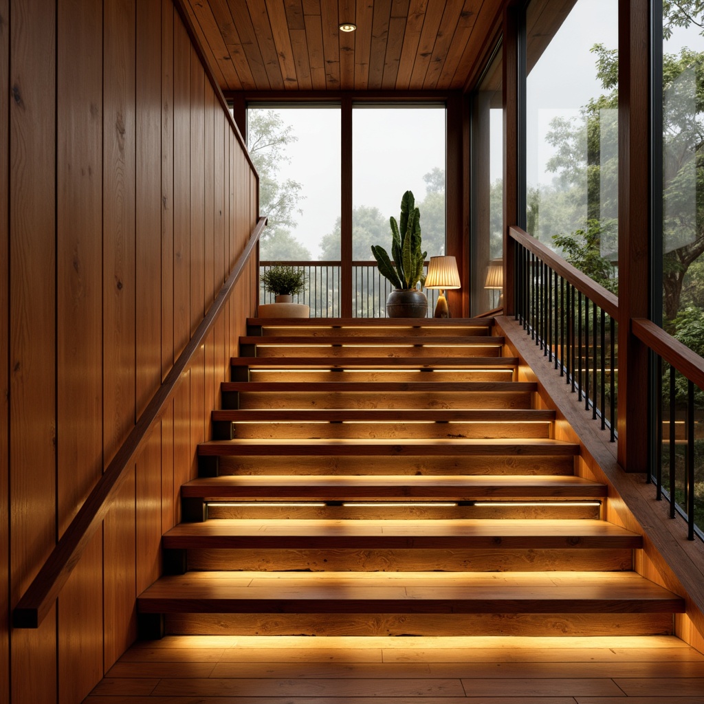 Prompt: Warm mid-century modern staircase, wooden handrails, minimalist metal balusters, sleek low-profile lighting, warm LED strip lights, subtle under-stair illumination, ambient floor lamps, natural light pouring in from large windows, soft diffused daylight, 1/1 composition, shallow depth of field, realistic wood textures, rustic charm, cozy atmosphere.