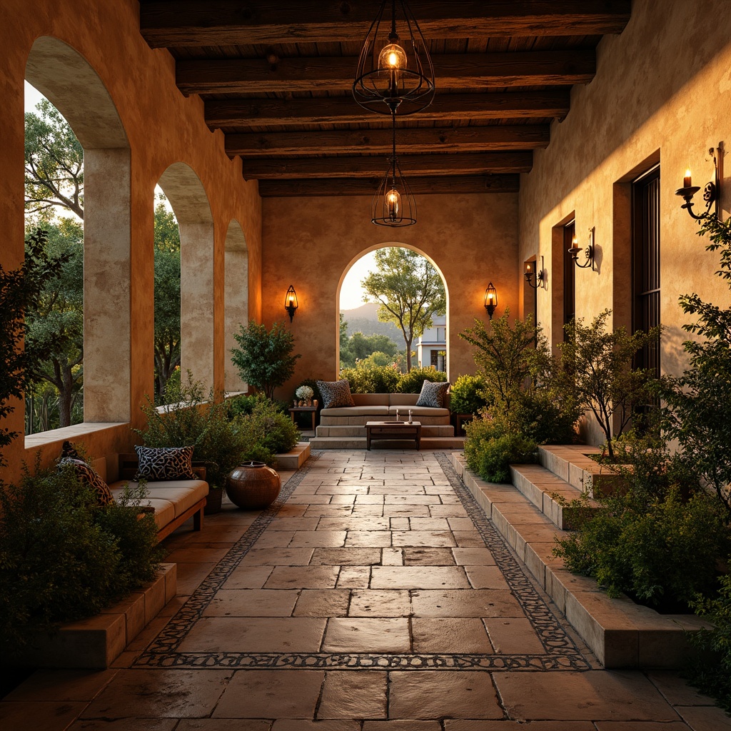 Prompt: Warm Mediterranean villa, rustic stone walls, arched windows, ornate metalwork, distressed wood accents, vintage decorative tiles, lush greenery, fragrant herb gardens, soft warm lighting, lantern-style pendant lights, wrought iron chandeliers, candlelit ambiance, golden hour glow, shallow depth of field, 3/4 composition, natural textures, ambient occlusion.