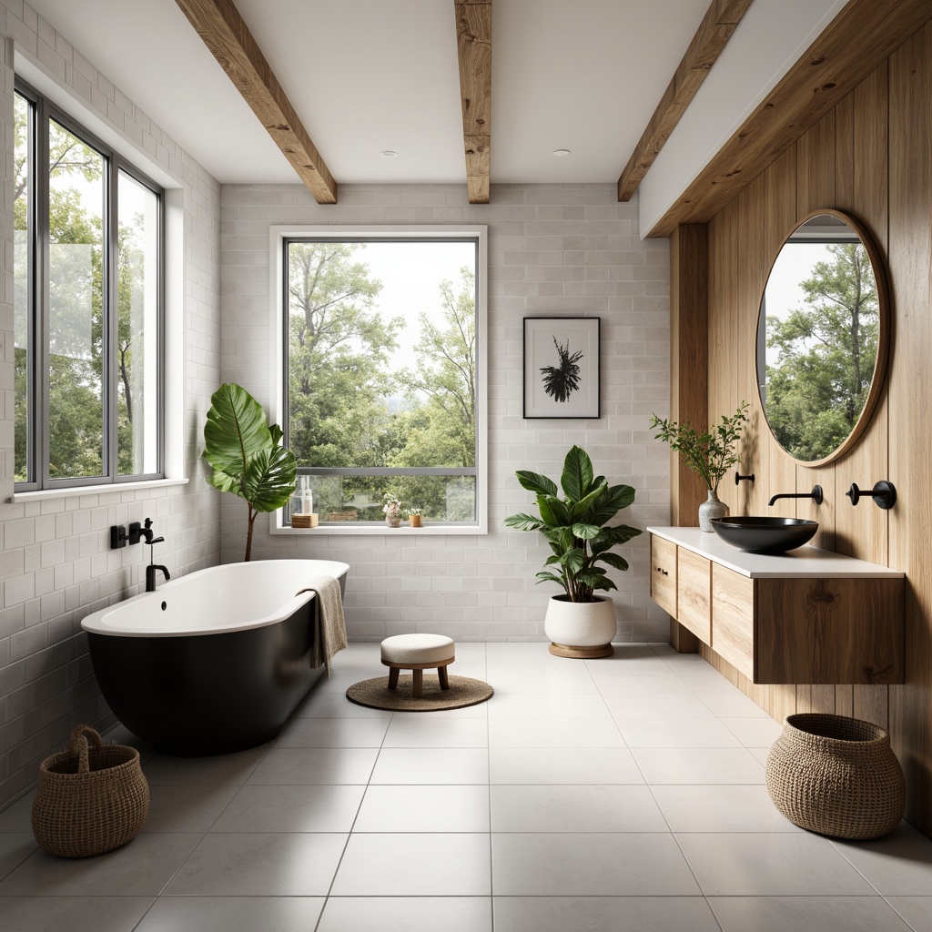 Prompt: Clean-lined bathroom, minimalist decor, Scandinavian wooden accents, white subway tiles, matte black fixtures, freestanding tub, wall-mounted sink, large format windows, natural light pouring in, soft warm ambiance, 1/1 composition, shallow depth of field, realistic textures, ambient occlusion, simple greenery, potted plants, woven textiles, Nordic-inspired patterns.