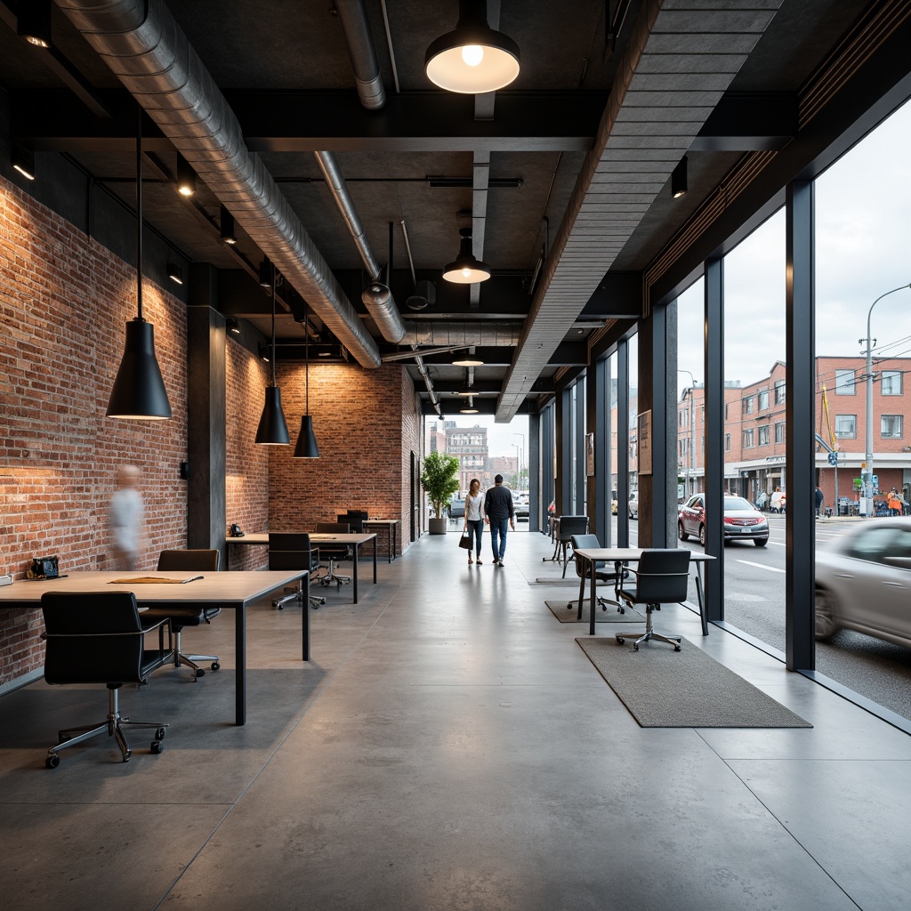 Prompt: Exposed brick walls, metal beams, industrial pipes, concrete floors, modern minimalist decor, abundant natural light, high ceilings, open layout, collaborative workspaces, sleek metal desks, ergonomic chairs, innovative lighting fixtures, urban cityscape views, busy streets, blurred pedestrian traffic, shallow depth of field, 1/1 composition, realistic textures, ambient occlusion.