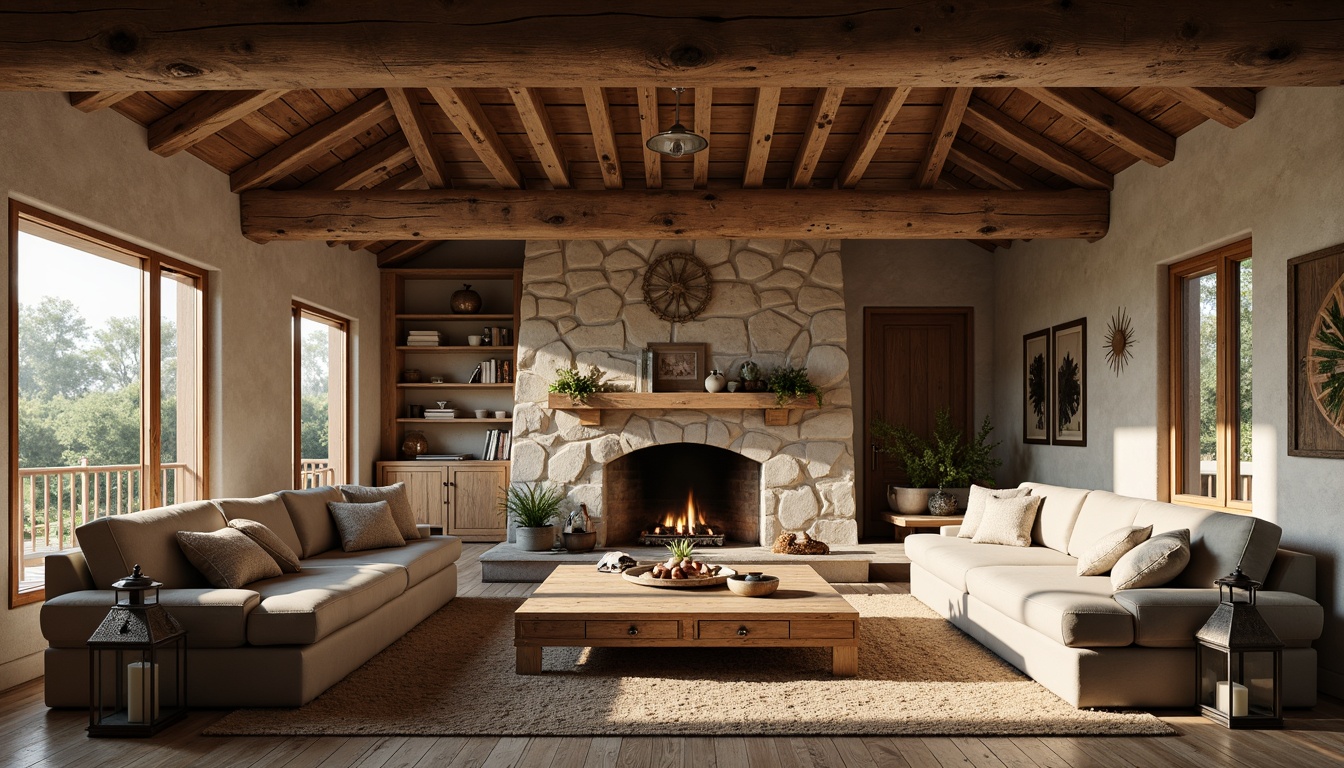 Prompt: Rustic farmhouse, exposed wooden beams, natural stone walls, earthy color palette, cozy living room, plush sofas, vintage decor, wooden coffee tables, distressed wood accents, metal lanterns, soft warm lighting, shallow depth of field, 1/1 composition, inviting atmosphere, natural textures, ambient occlusion.