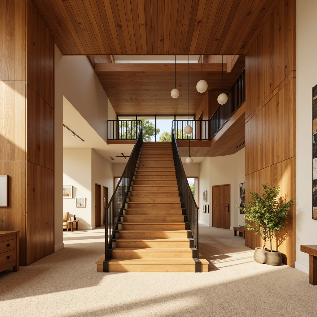 Prompt: Warm mid-century modern staircase, rich wood tones, sleek metal railings, suspended lighting fixtures, minimalist pendant lights, warm beige walls, soft cream-colored carpets, subtle texture contrasts, 1/1 composition, shallow depth of field, natural ambient light, morning sunlight, gentle shadows, modernist design elements, geometric patterns, retro-inspired decor.