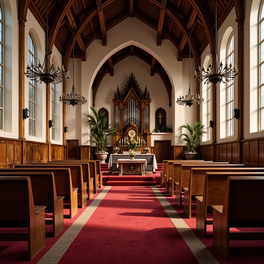 Prompt: Elegant church interior, wooden pews, ornate altars, stained glass windows, grand chandeliers, soft warm lighting, plush red carpeting, comfortable seating, minimalist decor, modern furniture pieces, sleek metal frames, rich wood tones, velvety upholstery, subtle patterns, neutral color palette, calming ambiance, peaceful atmosphere, gentle natural light, 1/1 composition, shallow depth of field, realistic textures.