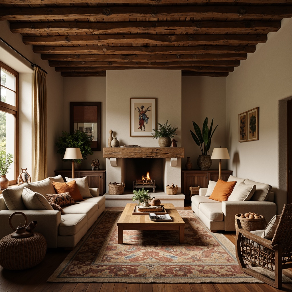 Prompt: Cozy living room, earthy tones, wooden furniture, plush cushions, natural fabrics, woven baskets, handmade textiles, vintage decorative items, warm lighting, rustic wooden beams, stone fireplace, comfortable seating, intimate atmosphere, soft carpeting, traditional patterns, cultural heritage inspiration, warm color palette, inviting ambiance, 1/1 composition, shallow depth of field, realistic textures, ambient occlusion.