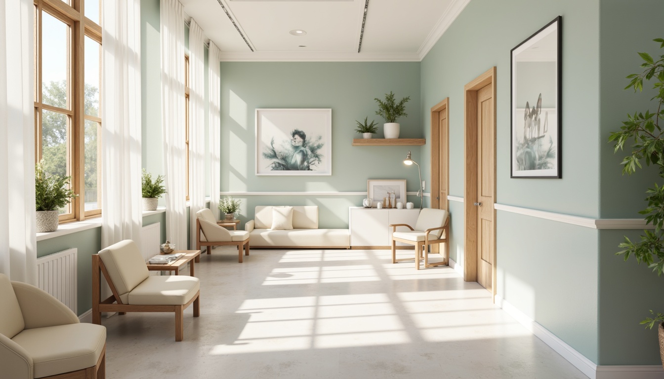 Prompt: Calming dental clinic atmosphere, soft pastel colors, creamy whites, gentle blues, warm beige tones, natural wood accents, minimal metallic elements, subtle texture contrasts, calming ambiance, soft indirect lighting, shallow depth of field, 1/1 composition, realistic renderings, ambient occlusion.