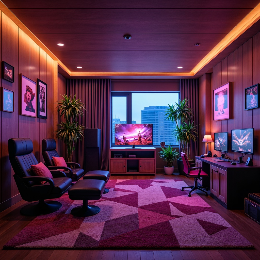 Prompt: Cozy game room, rich wooden paneling, soft velvety carpet, plush gaming chairs, vibrant neon lights, futuristic console systems, high-tech gadgets, dynamic LED displays, geometric patterned rugs, modern minimalist decor, warm atmospheric lighting, shallow depth of field, 3/4 composition, realistic textures, ambient occlusion.