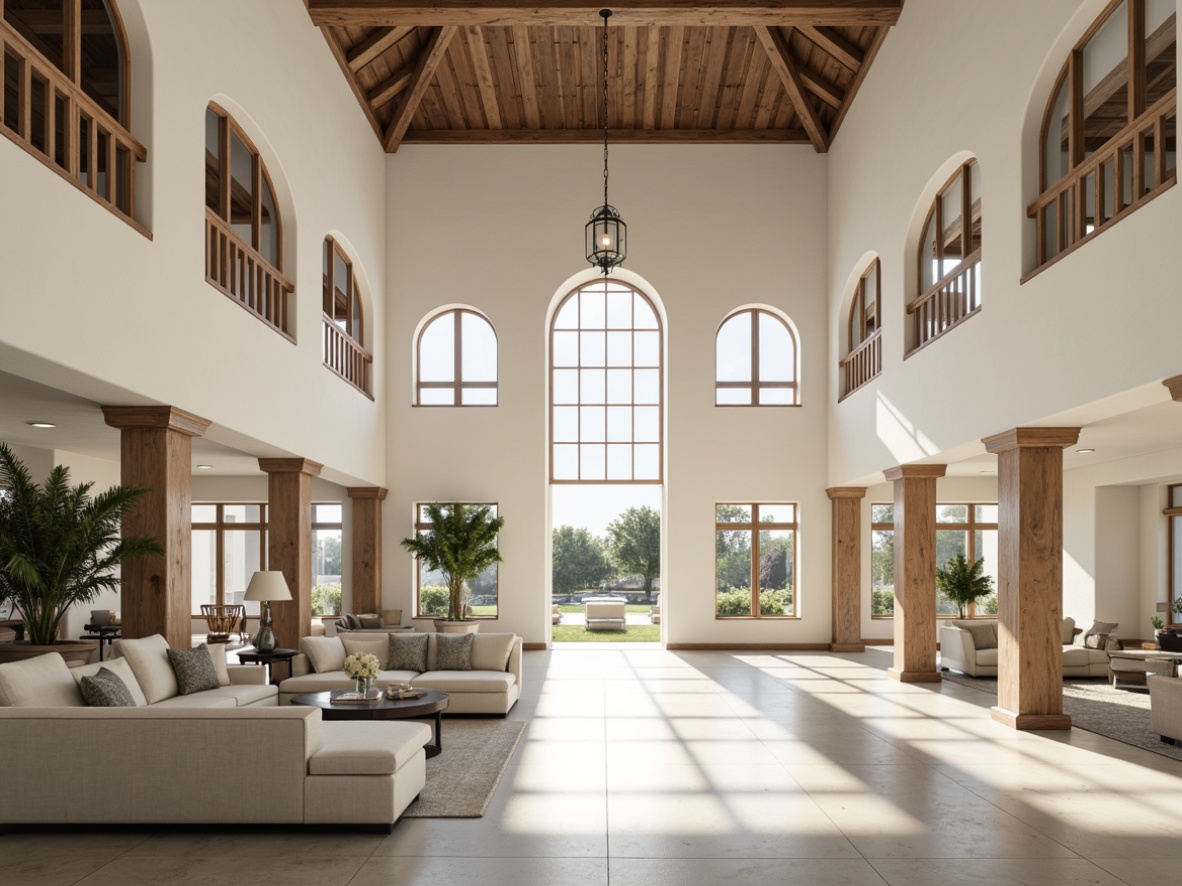 Prompt: Spacious open layout, pavilion transitional style, fusion of modern and traditional elements, high ceilings, large windows, natural light pouring in, elegant archways, ornate columns, refined wooden accents, neutral color palette, creamy whites, warm beiges, soft grays, plush furnishings, luxurious fabrics, statement lighting fixtures, minimalist decor, airy atmosphere, serene ambiance, subtle textures, realistic reflections, shallow depth of field, 1/1 composition, panoramic view.