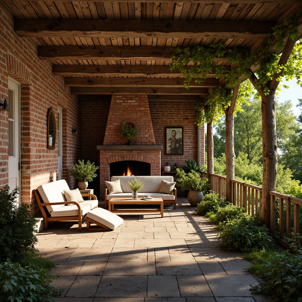 Prompt: Rustic country cottage, exposed brick walls, earthy tone mortar, weathered wooden beams, cozy fireplace, vintage furniture, natural stone flooring, lush greenery, overgrown vines, warm sunny day, soft golden lighting, shallow depth of field, 1/2 composition, realistic textures, ambient occlusion.