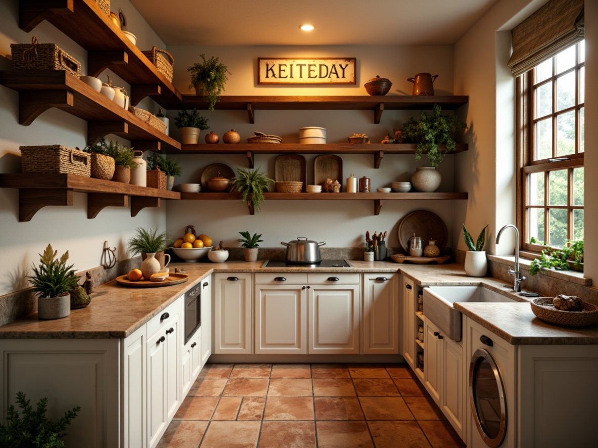 Prompt: Cozy pantry, warm wooden shelves, soft golden lighting, earthy terracotta tiles, natural stone countertops, rustic metal accents, vintage decorative signs, woven baskets, ceramic jars, glass containers, warm beige walls, creamy white cabinets, rich walnut wood tones, soft blue undertones, subtle texture overlays, atmospheric misting, shallow depth of field, 1/2 composition, realistic renderings.