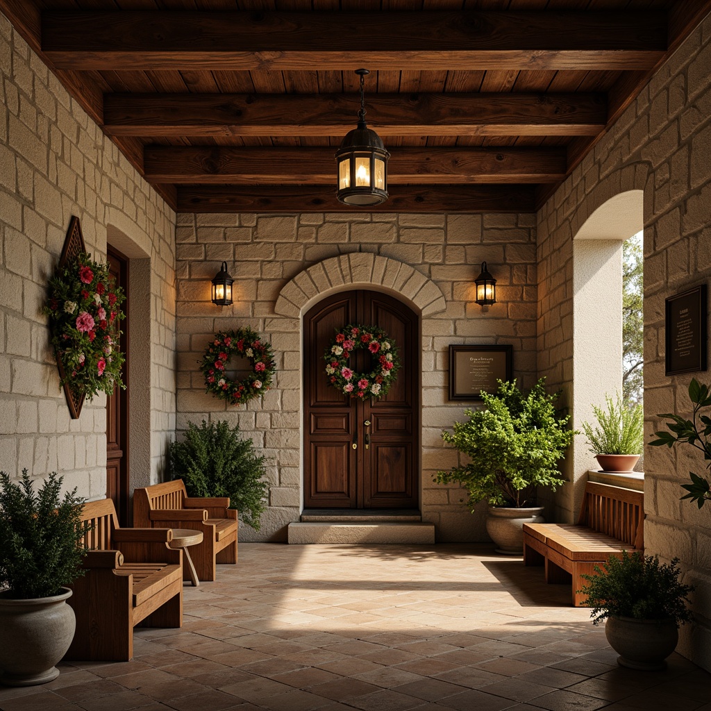 Prompt: Rustic memorial center, natural stone walls, wooden beams, distressed finishes, earthy color palette, vintage decorative elements, lantern-style lighting, ornate metalwork, floral patterns, rustic wooden benches, memorial plaques, wreath-adorned doors, artificial foliage, soft warm lighting, shallow depth of field, 1/2 composition, intimate atmosphere, realistic textures, ambient occlusion.