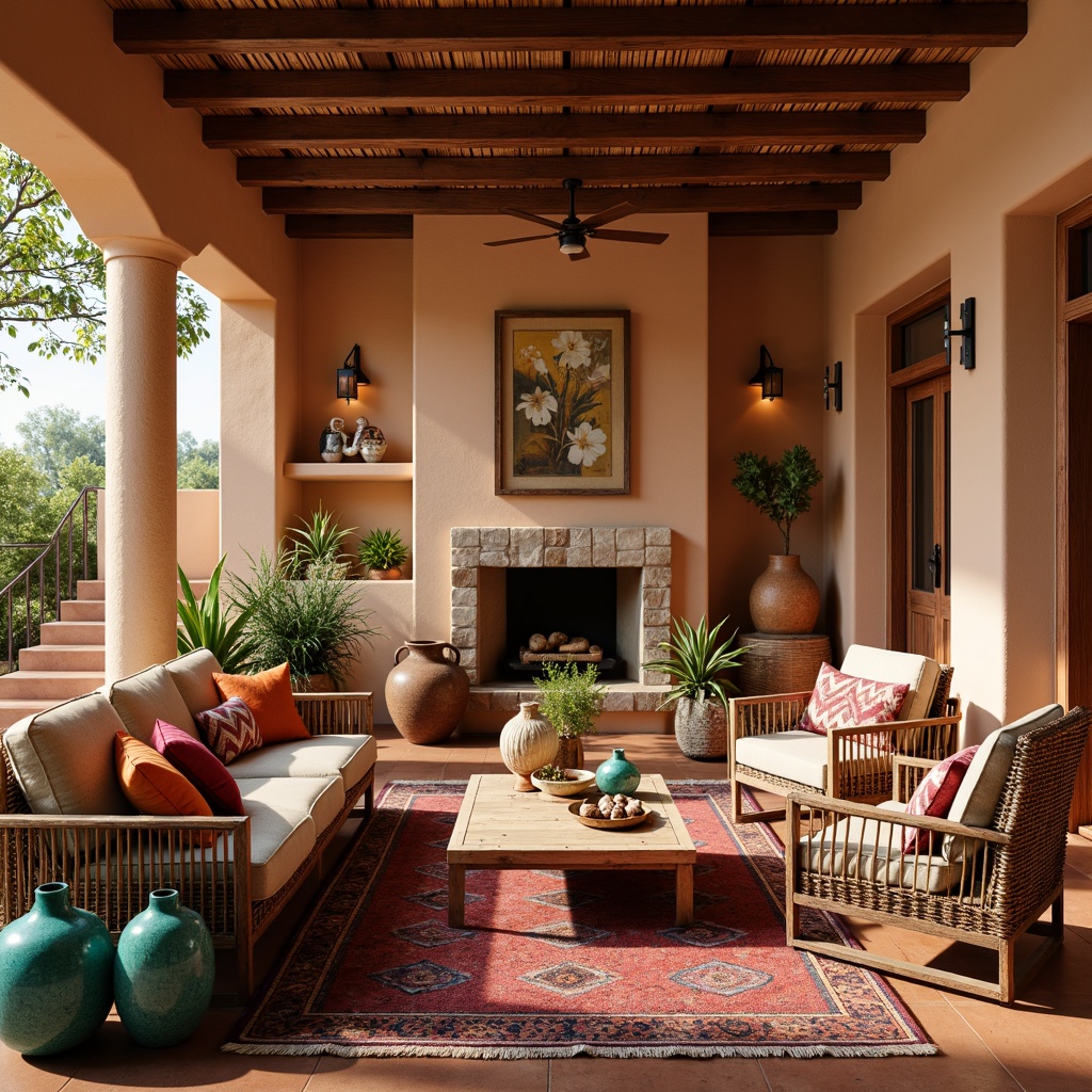 Prompt: Vibrant Southwestern living room, terracotta pottery, woven wicker furniture, distressed wood accents, turquoise decorative vases, geometric patterned rugs, earthy tone walls, rustic metal lighting fixtures, colorful kilim pillows, lush green plants, natural stone fireplace, warm golden lighting, shallow depth of field, 1/1 composition, realistic textures, ambient occlusion.