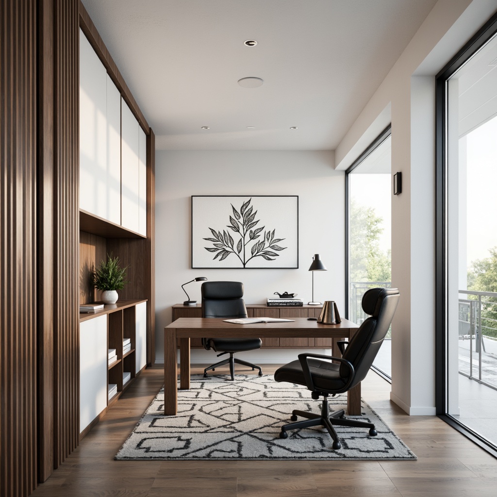 Prompt: Monochromatic home office, sleek streamline moderne furniture, polished chrome accents, rich walnut wood tones, creamy white walls, bold black outlines, geometric patterned rug, minimalist desk lamp, ergonomic chair, floor-to-ceiling windows, natural daylight, subtle warm lighting, shallow depth of field, 2/3 composition, soft focus effect, realistic textures, ambient occlusion.