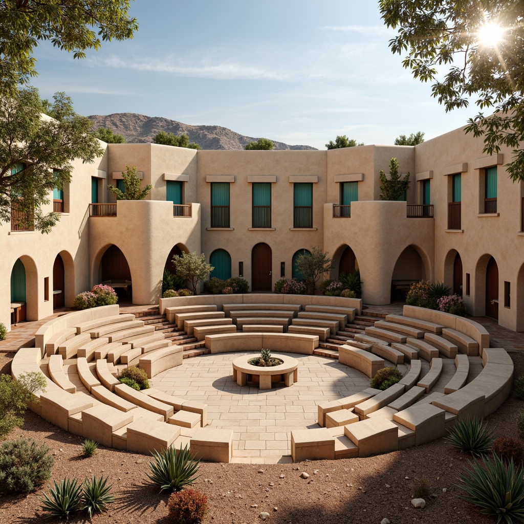 Prompt: Southwestern amphitheater, curved seating, adobe-inspired architecture, earthy tones, sandy beige walls, turquoise accents, natural stone flooring, wooden benches, rustic railings, arched entries, warm golden lighting, soft diffused sunlight, clerestory windows, open-air design, desert landscape views, cacti plants, vibrant succulents, hot sunny day, clear blue sky, shallow depth of field, 3/4 composition, panoramic view, realistic textures, ambient occlusion.