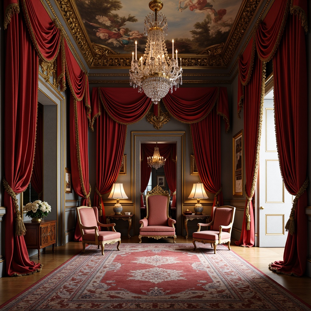 Prompt: Opulent velvet fabrics, intricate gold embroidery, lavish silk drapes, ornate wooden furnishings, grand crystal chandeliers, dramatic red curtains, regal throne-like chairs, imposing stone columns, richly patterned rugs, majestic fresco ceilings, soft warm candlelight, subtle depth of field, 1/1 composition, detailed textures, ambient occlusion.