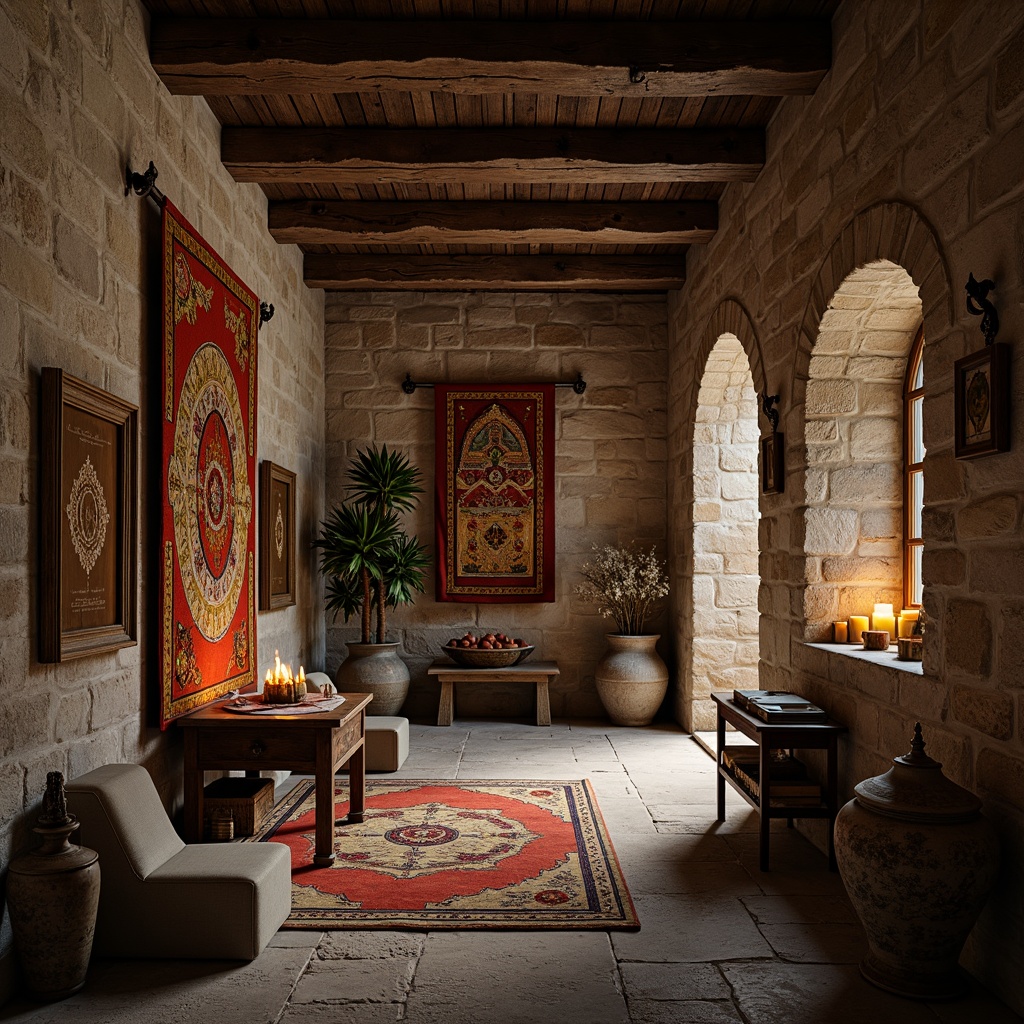 Prompt: Rustic monastery setting, stone walls, wooden beams, dim warm lighting, traditional vernacular architecture, woven tapestries, intricate embroidery, natural fibers, earthy tones, coarse textures, ornate carvings, distressed finishes, vintage artifacts, candles, lanterns, simple furnishings, quiet atmosphere, soft shadows, 1/1 composition, atmospheric perspective, subtle color palette, realistic materials.