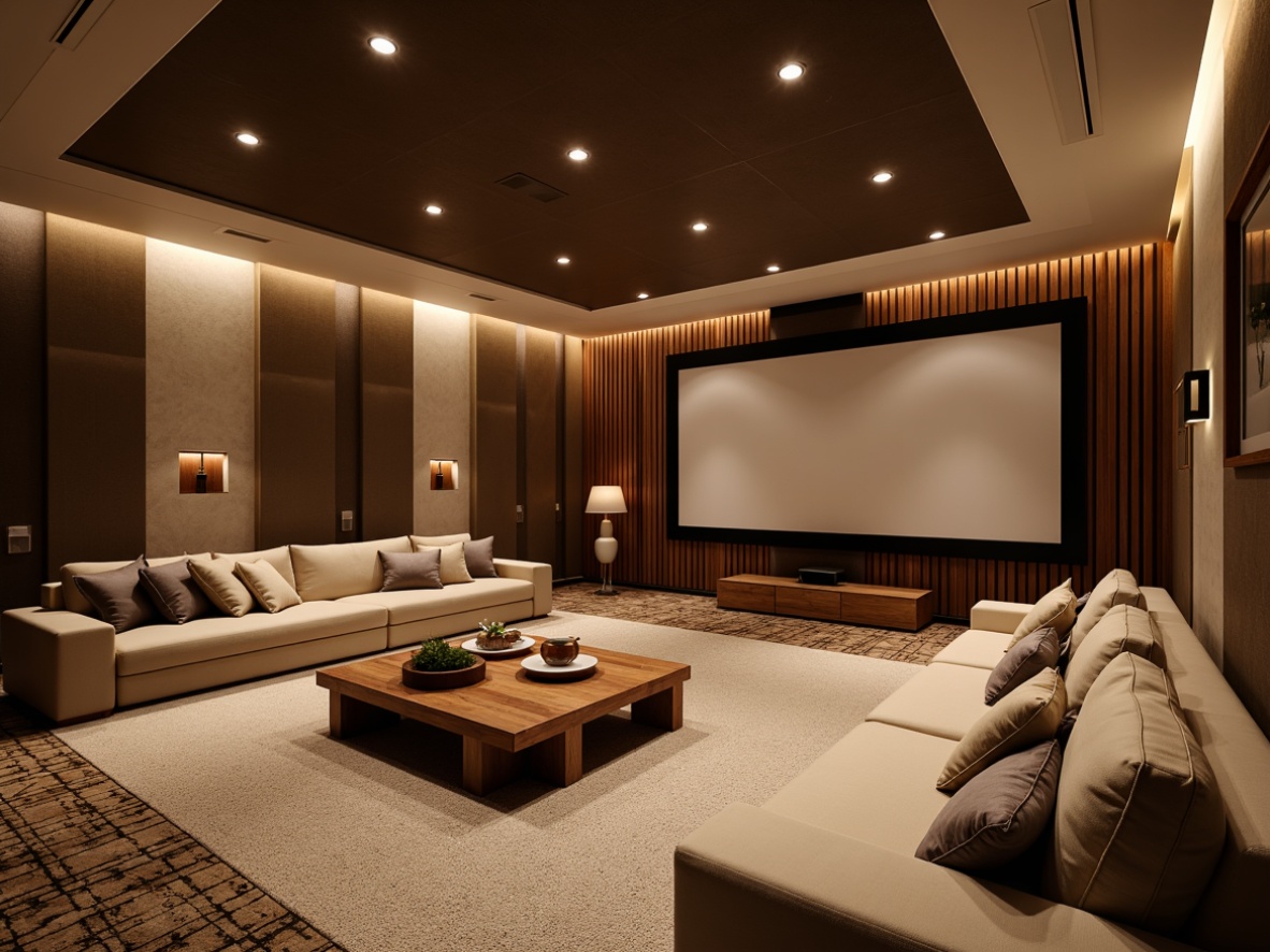 Prompt: Cozy home theater, plush carpeting, sound-absorbing panels, acoustic foam, minimalist decor, warm ambient lighting, comfortable seating, wooden accents, calming color scheme, soft fabric upholstery, ergonomic design, relaxing atmosphere, natural wood trim, advanced audio equipment, high-fidelity speakers, immersive surround sound, precise sound calibration, reduced echo, optimal reverberation time, harmonious frequency response.