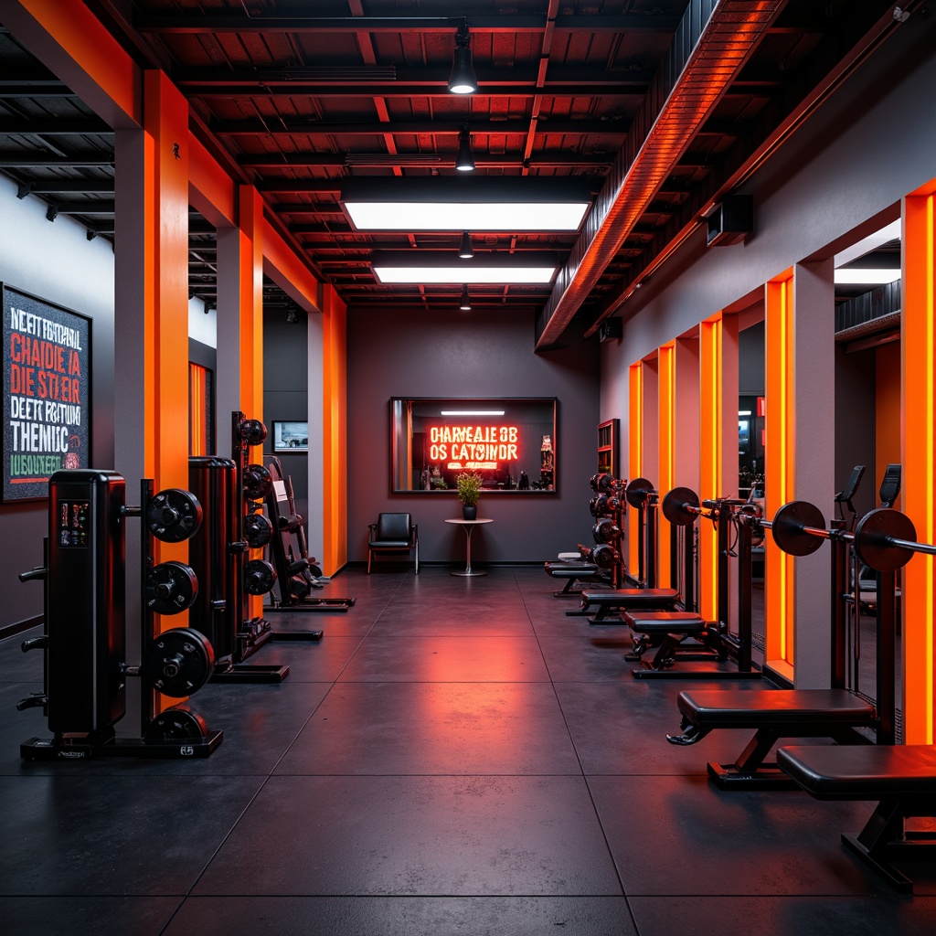 Prompt: Vibrant home gym, bold color accents, energetic atmosphere, neon lights, motivational quotes, industrial metal equipment, rubber flooring, mirrored walls, modern minimalism, functional layout, high-contrast color scheme, dark grey tones, bright orange highlights, sleek black machines, dynamic lighting, shallow depth of field, 1/1 composition, realistic textures, ambient occlusion.