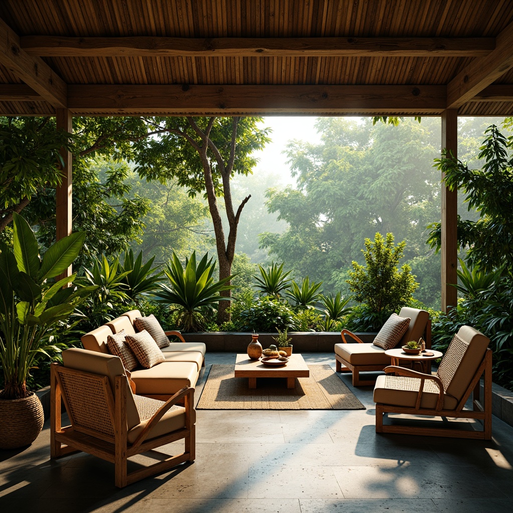 Prompt: Lush tropical foliage, exotic wood accents, reclaimed teak furniture, woven rattan chairs, natural fiber textiles, vibrant colorful ceramics, polished concrete floors, rustic wooden beams, warm ambient lighting, soft misty atmosphere, 1/1 composition, shallow depth of field, realistic reflections, atmospheric scattering, tropical island vibes, relaxed resort ambiance.