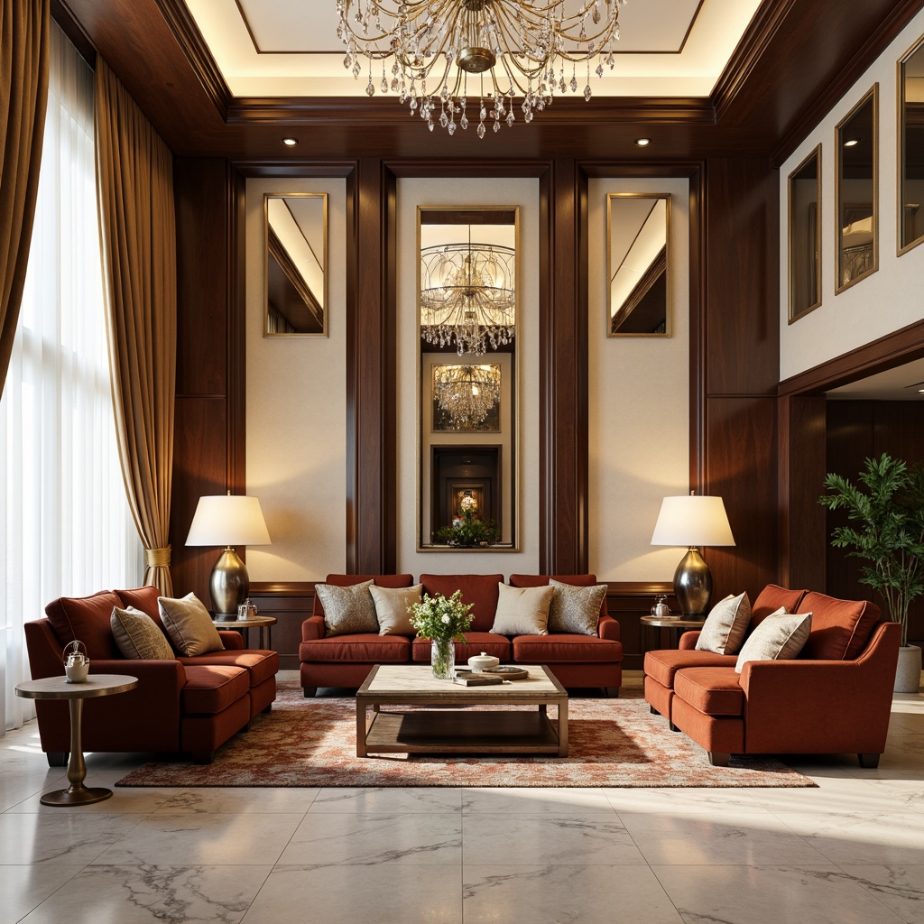 Prompt: Luxurious living room, rich velvet upholstery, metallic gold accents, ornate mirrors, geometric patterns, polished chrome fixtures, glossy marble floors, smooth walnut wood paneling, sophisticated cream-colored walls, crystal chandeliers, lavish drapery, soft warm lighting, shallow depth of field, 1/1 composition, realistic textures, ambient occlusion.