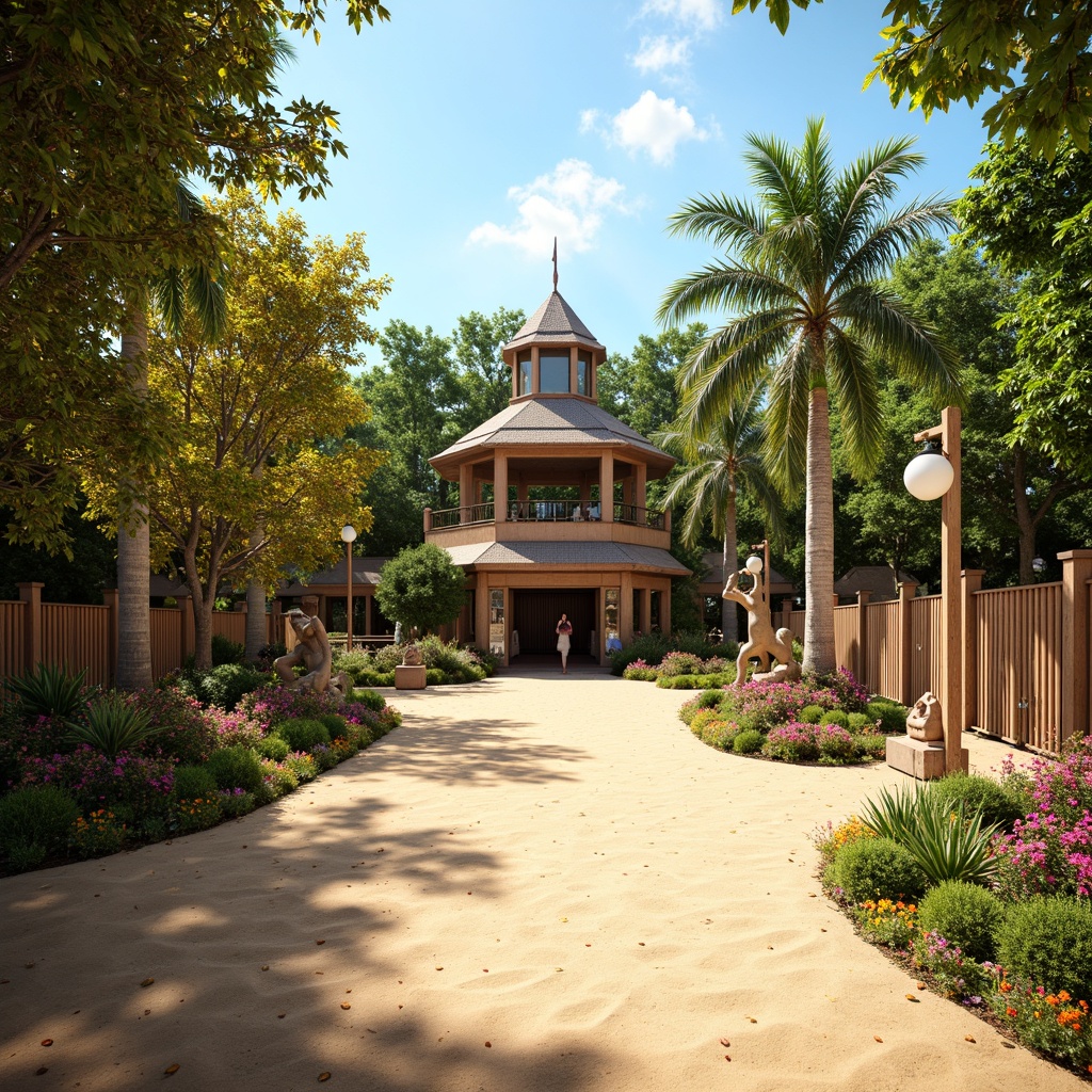 Prompt: Vibrant zoo entrance, playful monkey statues, lush greenery, exotic palm trees, warm sandy pathways, natural stone walls, rustic wooden fencing, colorful animal habitats, tropical flower arrangements, sunny day, soft warm lighting, shallow depth of field, 3/4 composition, panoramic view, realistic textures, ambient occlusion.