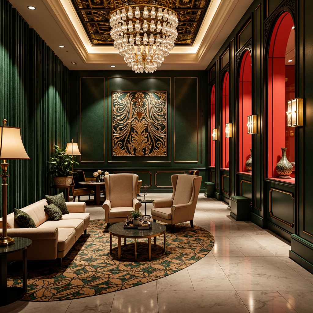 Prompt: Luxurious Art Deco interior, opulent furnishings, rich velvet fabrics, metallic accents, geometric patterns, ornate details, glamorous chandeliers, lavish textiles, jewel-toned colors, emerald green walls, golden trimmings, bronze hardware, crystal glass fixtures, luxurious marble floors, bold black outlines, sophisticated neutral backgrounds, vibrant red accent walls, soft warm lighting, shallow depth of field, 1/1 composition, realistic textures, ambient occlusion.