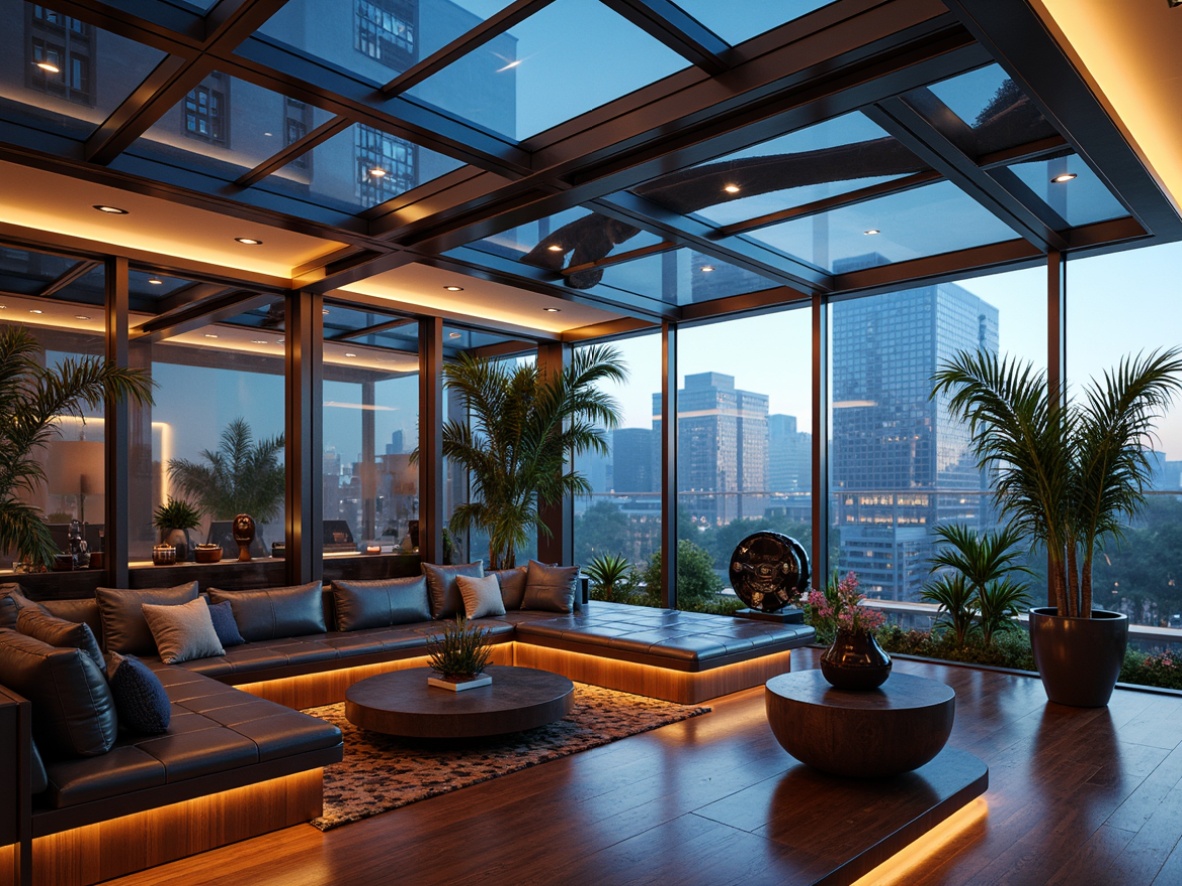 Prompt: Futuristic sunroom, gleaming metal frames, polished chrome surfaces, iridescent glass walls, translucent roofing, soft warm lighting, ambient shadows, luxurious velvet couches, metallic silver accents, high-gloss wood flooring, reflective mirror finishes, holographic displays, neon-lit cityscapes, starry night skies, 3D-printed decorative screens, extruded aluminum profiles, laser-cut acrylic panels, misty atmospheric effects, shallow depth of field, cinematic composition, realistic reflections, advanced material textures.