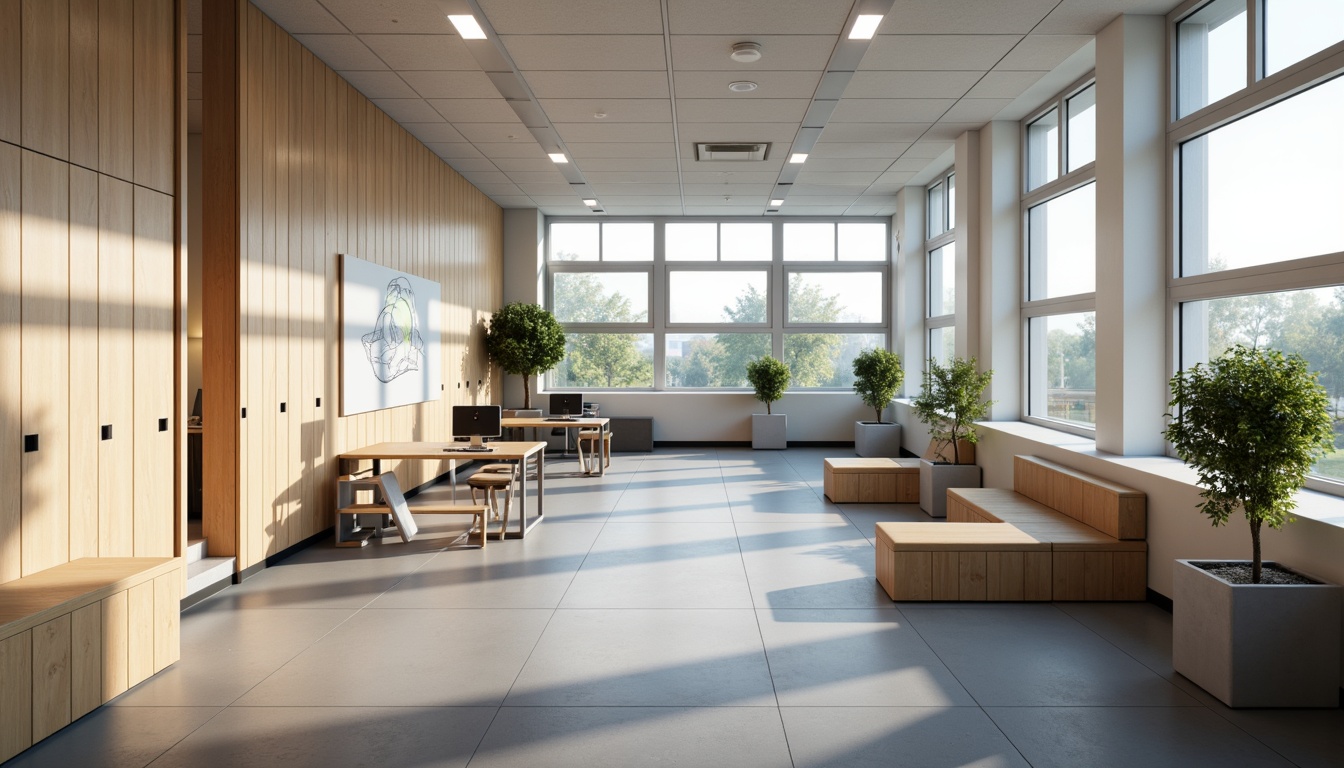 Prompt: Simple school hallway, minimalistic lockers, wooden benches, modern desks, ergonomic chairs, collaborative tables, interactive whiteboards, geometric-shaped planters, natural wood accents, soft gray tones, abundant natural light, 1/1 composition, shallow depth of field, realistic textures, ambient occlusion.